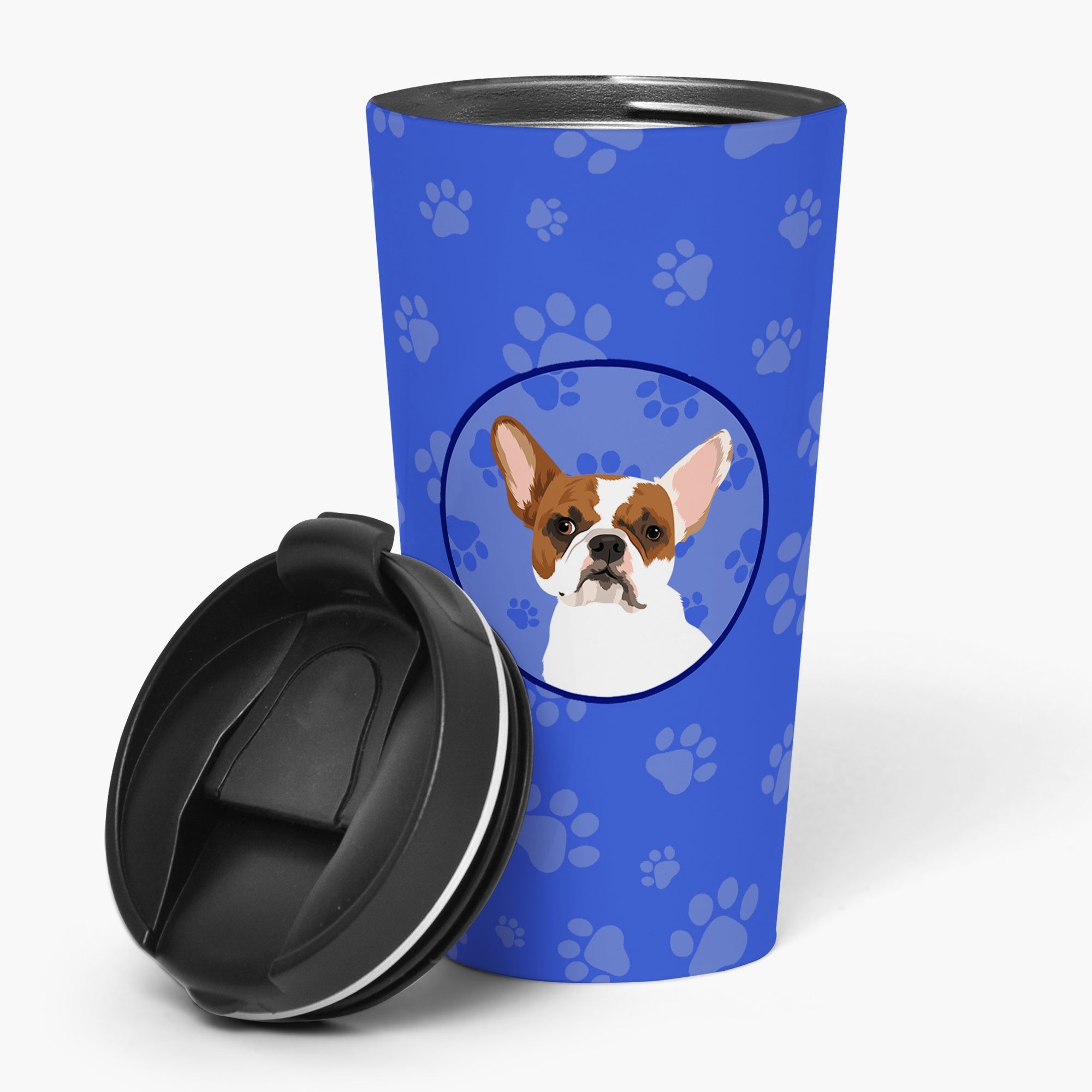 French Bulldog White #2  Stainless Steel 16 oz  Tumbler Blue Insulated Tumbler with Lid, Cute Travel Cup for Coffee, Cocktails, Gift Men, Dad, Women, Mother