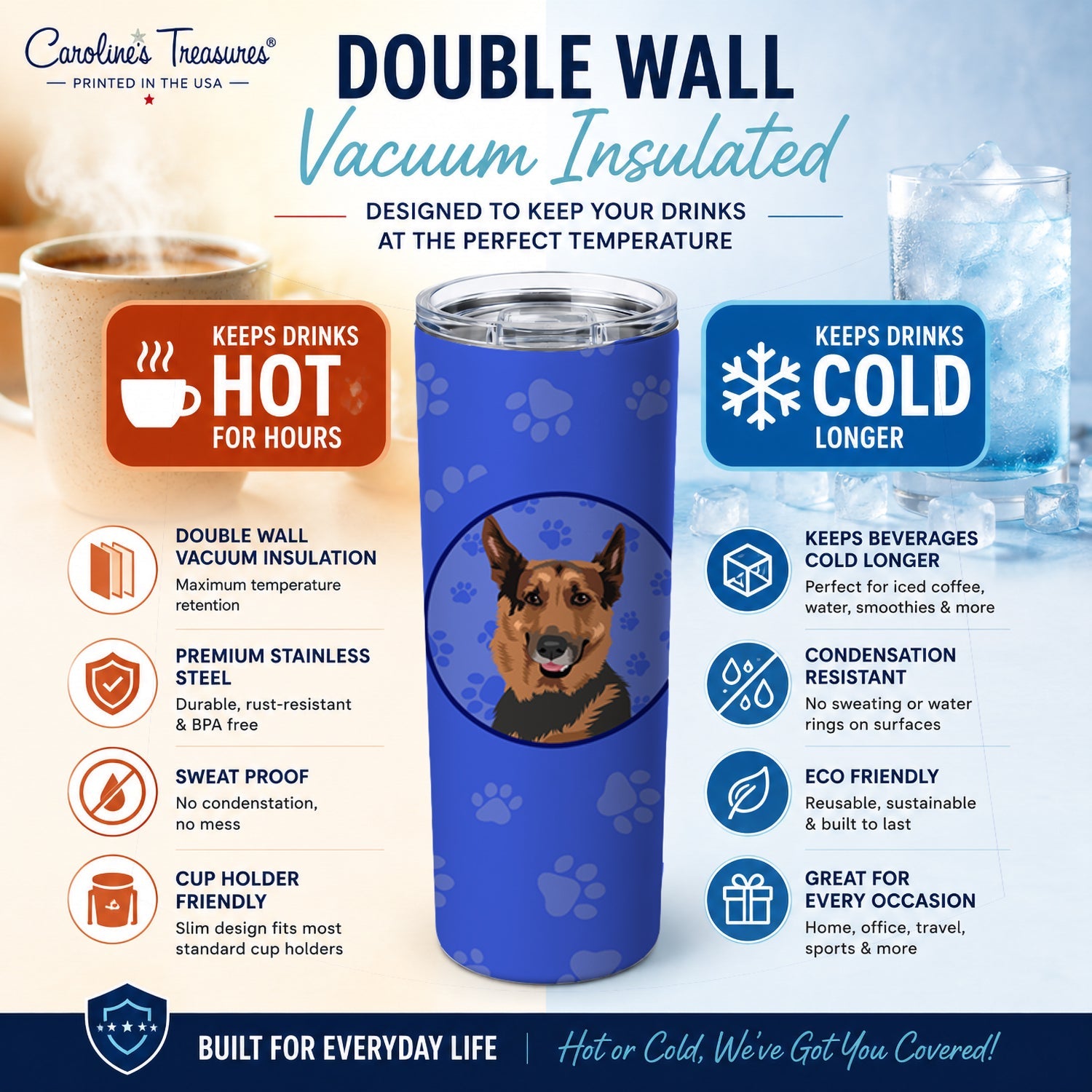 German Shepherd Red Sable  Stainless Steel Skinny Tumbler 20 oz Vacuum Double Walled Reusable Insulated Travel Cup