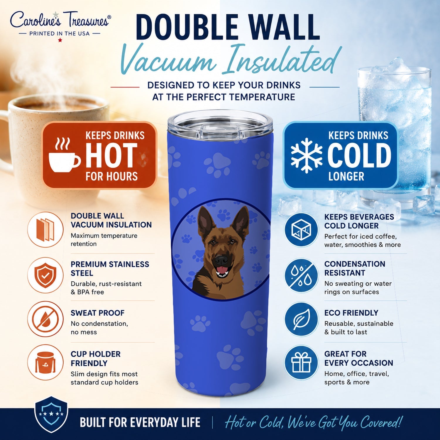 German Shepherd Black and Tan #2  Stainless Steel Skinny Tumbler 20 oz Vacuum Double Walled Reusable Insulated Travel Cup