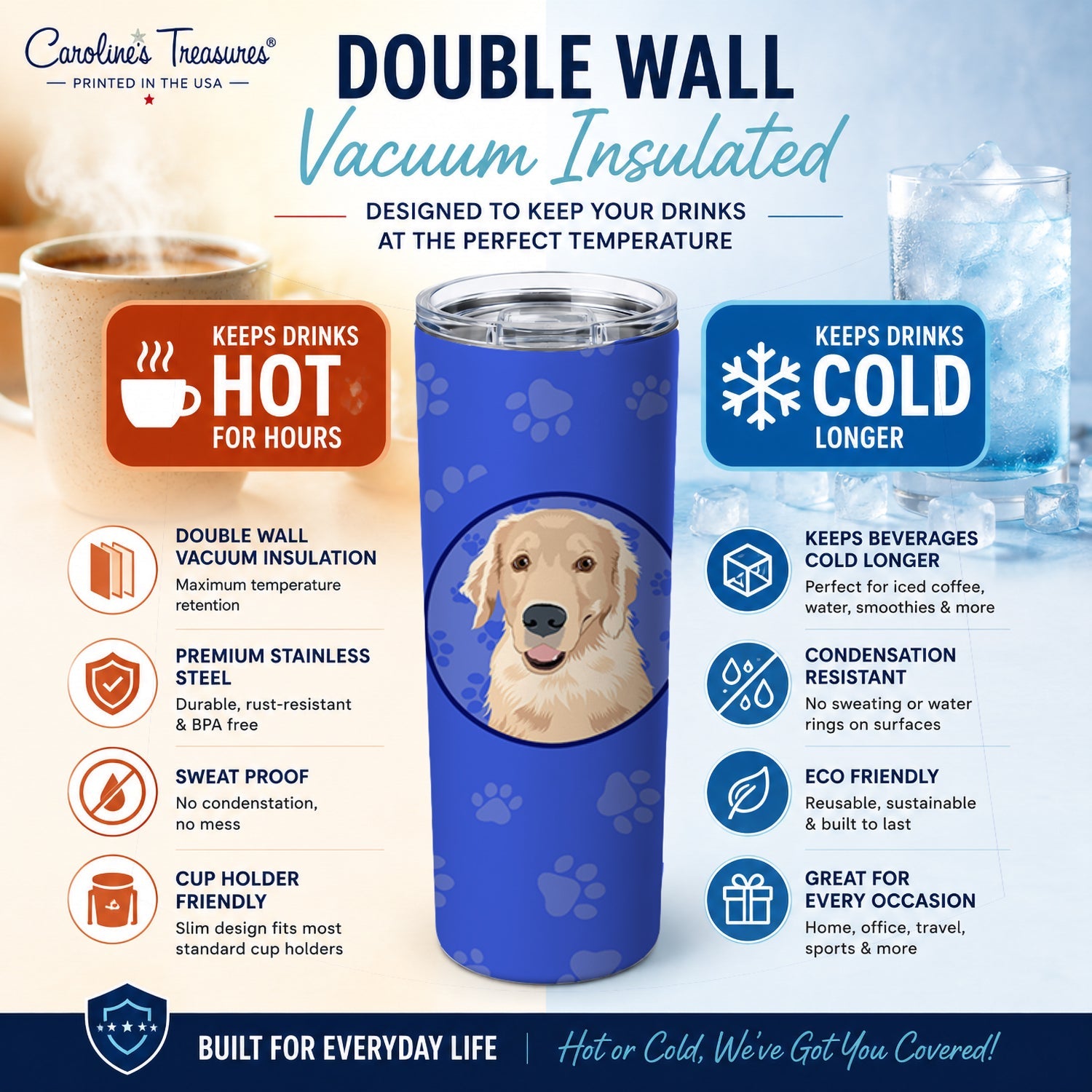 Golden Retriever Fawn #2  Stainless Steel Skinny Tumbler 20 oz Vacuum Double Walled Reusable Insulated Travel Cup