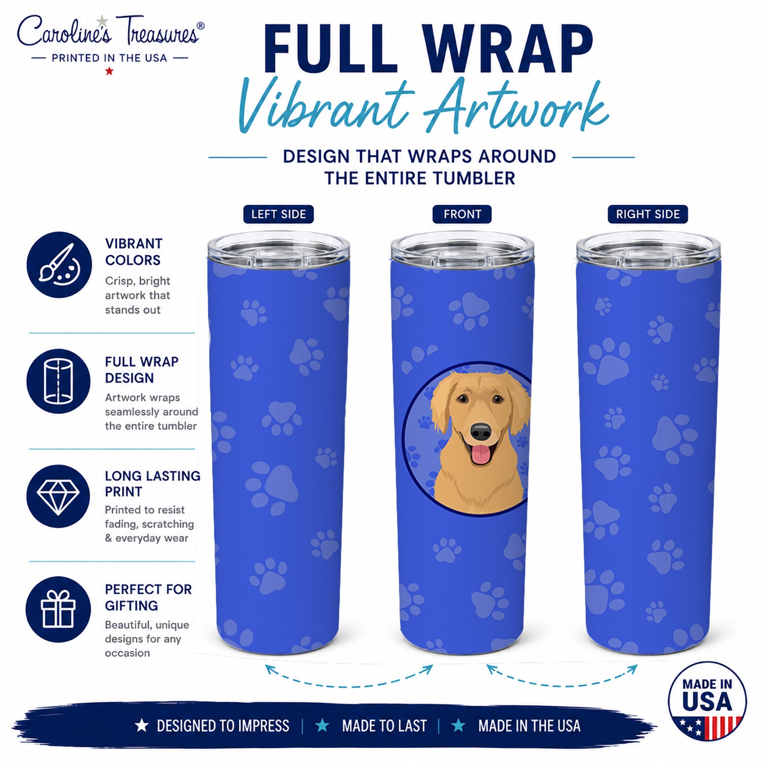 Golden Retriever Gold #2  Stainless Steel Skinny Tumbler 20 oz Vacuum Double Walled Reusable Insulated Travel Cup