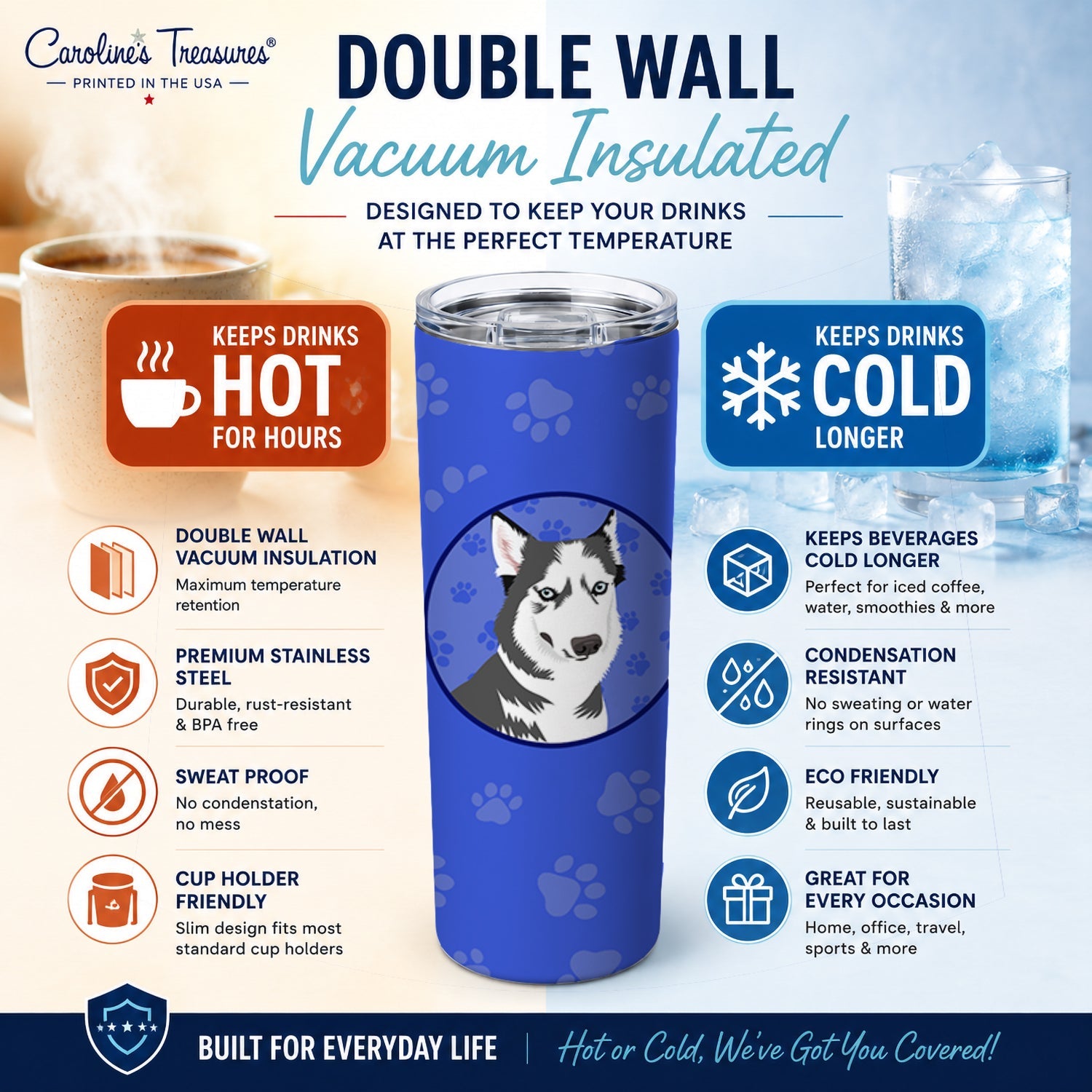 Siberian Husky Silver and White #2  Stainless Steel Skinny Tumbler 20 oz Vacuum Double Walled Reusable Insulated Travel Cup