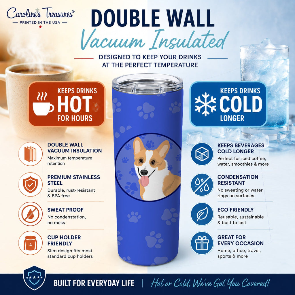 Pembroke Corgi Red and White  Stainless Steel Skinny Tumbler 20 oz Vacuum Double Walled Reusable Insulated Travel Cup