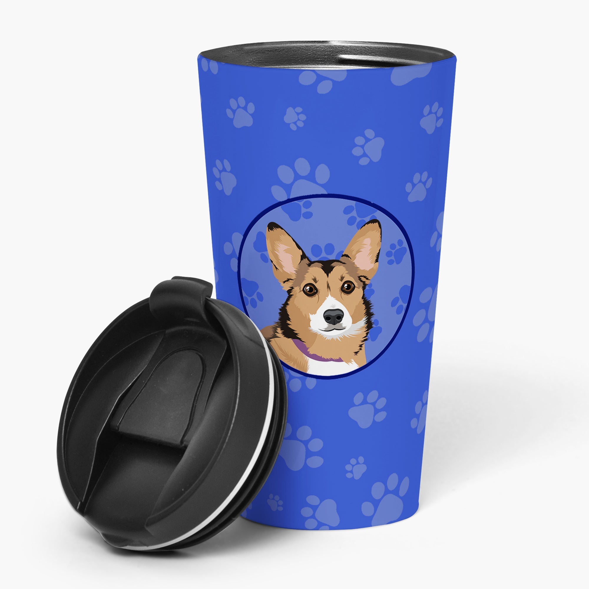 Pembroke Welsh Corgi Sable and White  Stainless Steel 16 oz  Tumbler Blue Insulated Tumbler with Lid, Cute Travel Cup for Coffee, Cocktails, Gift Men, Dad, Women, Mother