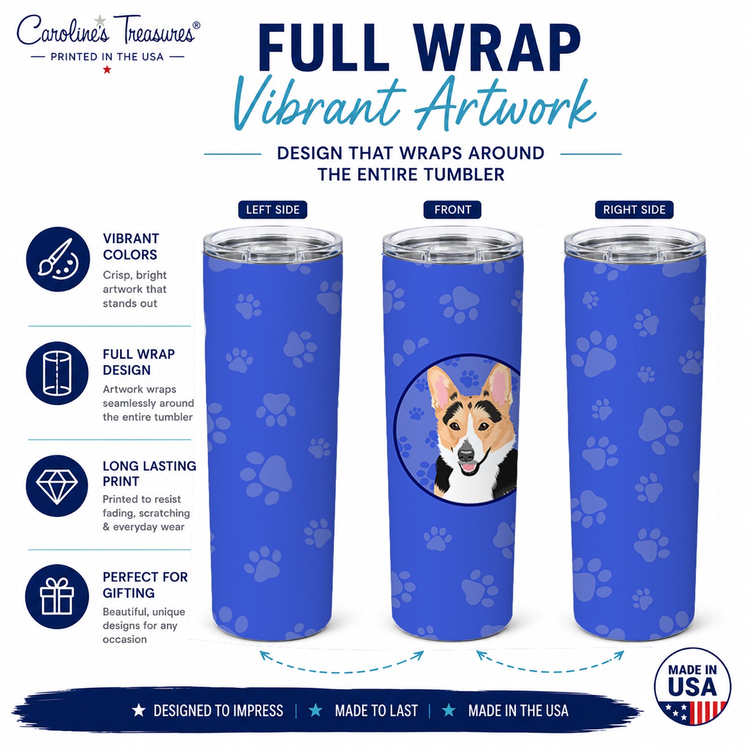 Pembroke Welsh Corgi Tricolor Red-Headed  Stainless Steel Skinny Tumbler 20 oz Vacuum Double Walled Reusable Insulated Travel Cup
