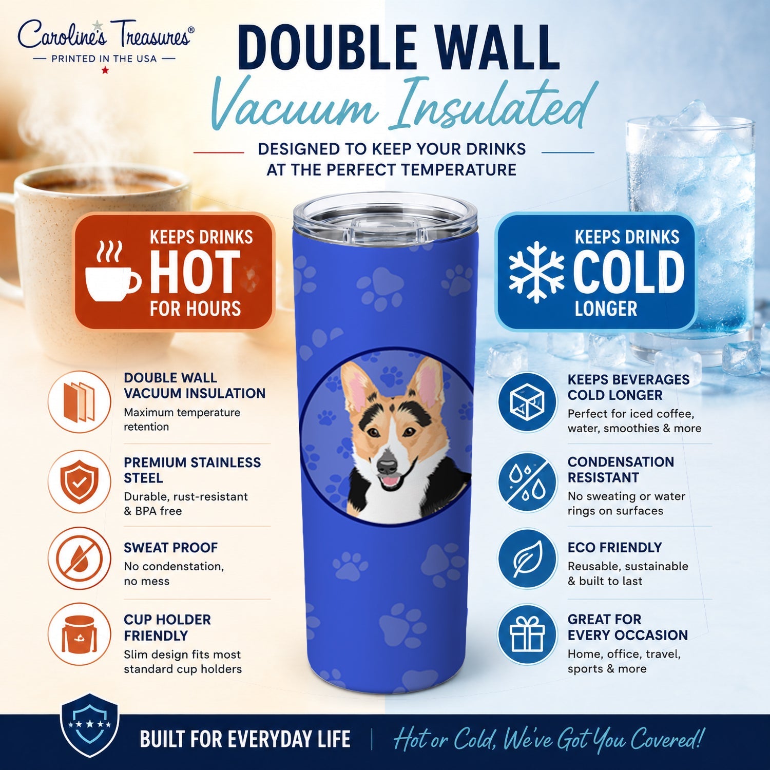 Pembroke Welsh Corgi Tricolor Red-Headed  Stainless Steel Skinny Tumbler 20 oz Vacuum Double Walled Reusable Insulated Travel Cup