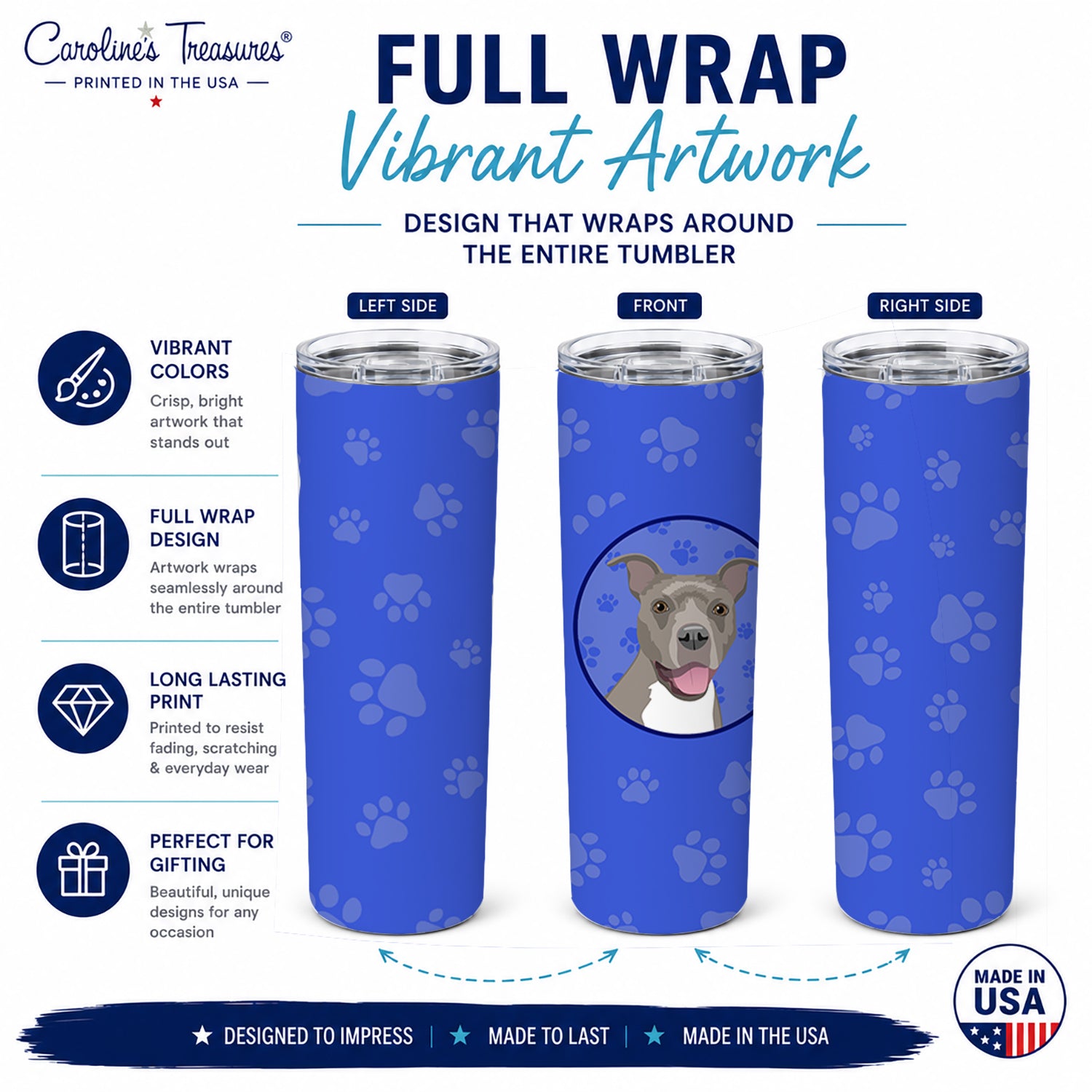 Pit Bull Blue #1  Stainless Steel Skinny Tumbler 20 oz Vacuum Double Walled Reusable Insulated Travel Cup