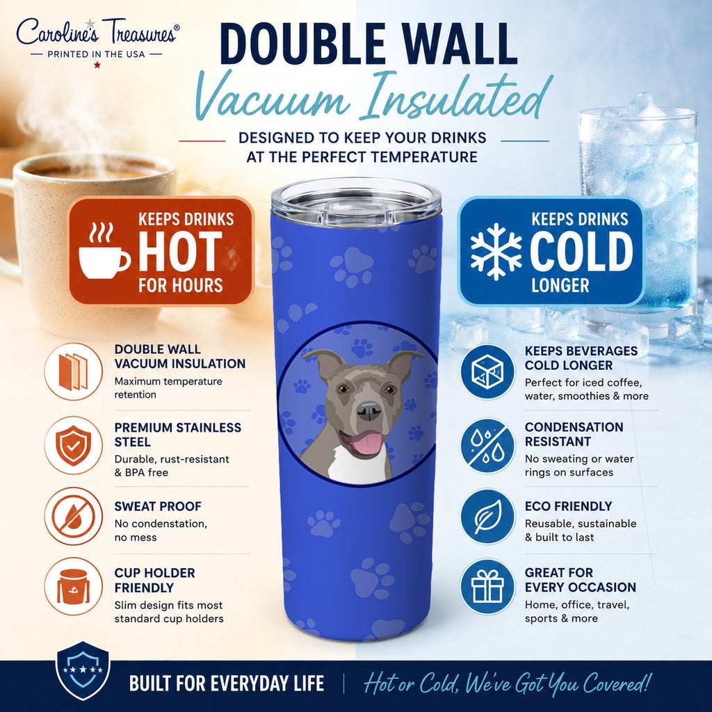 Pit Bull Blue #1  Stainless Steel Skinny Tumbler 20 oz Vacuum Double Walled Reusable Insulated Travel Cup