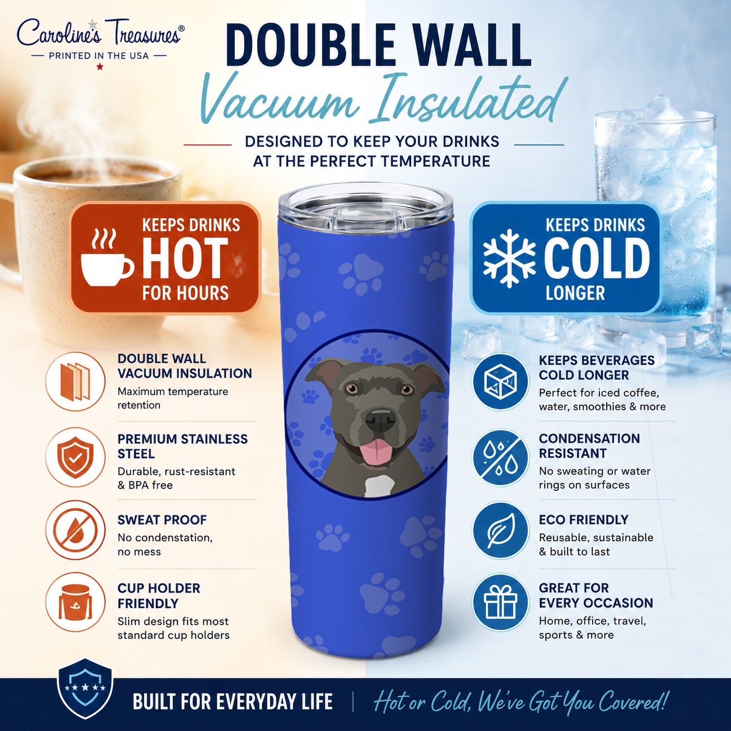 Pit Bull Blue #3  Stainless Steel Skinny Tumbler 20 oz Vacuum Double Walled Reusable Insulated Travel Cup
