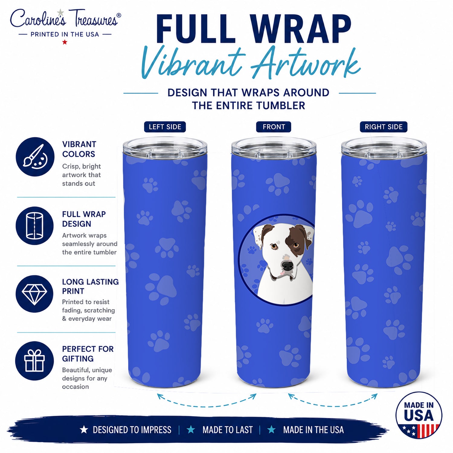 Pit Bull White #2  Stainless Steel Skinny Tumbler 20 oz Vacuum Double Walled Reusable Insulated Travel Cup