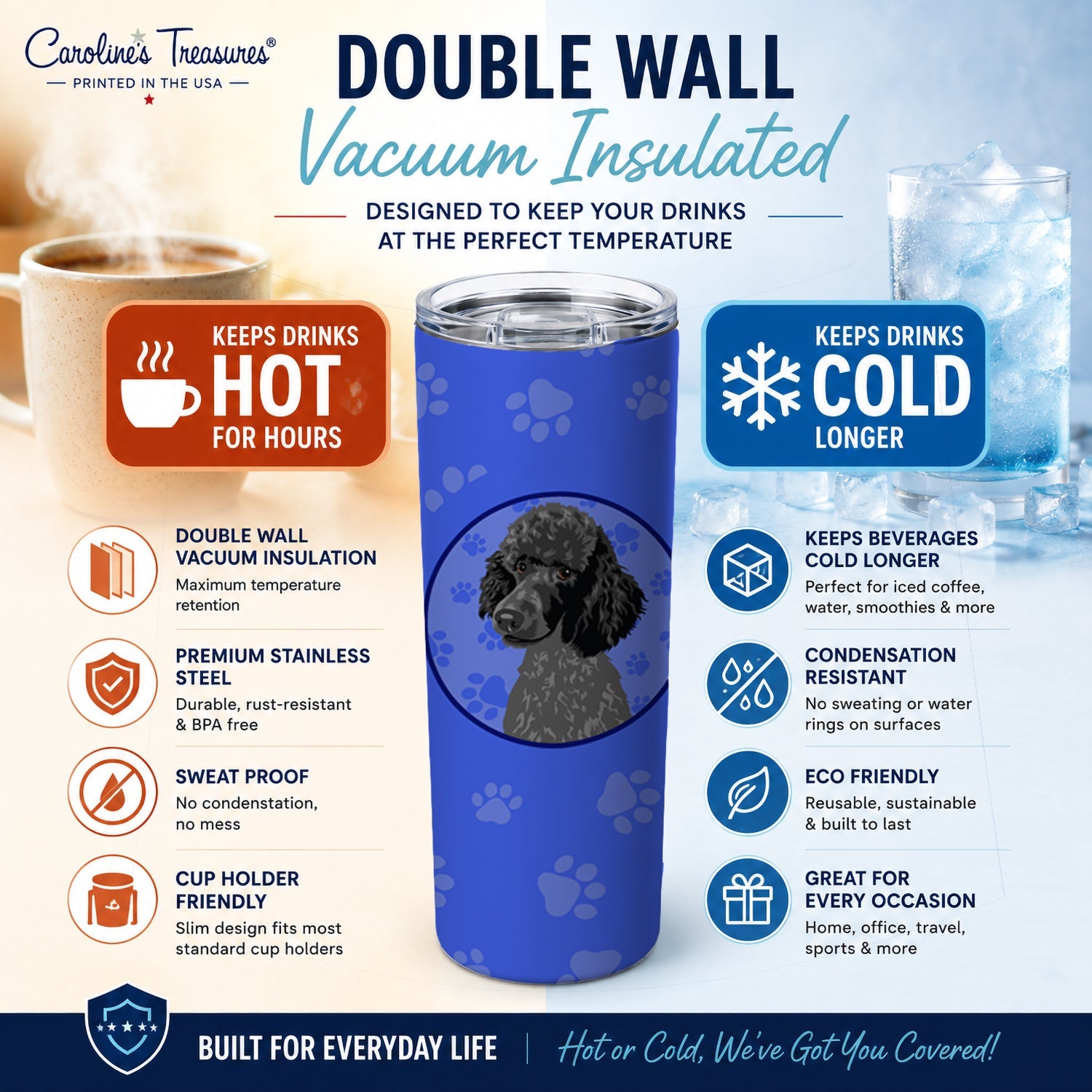 Poodle Standard Black  Stainless Steel Skinny Tumbler 20 oz Vacuum Double Walled Reusable Insulated Travel Cup