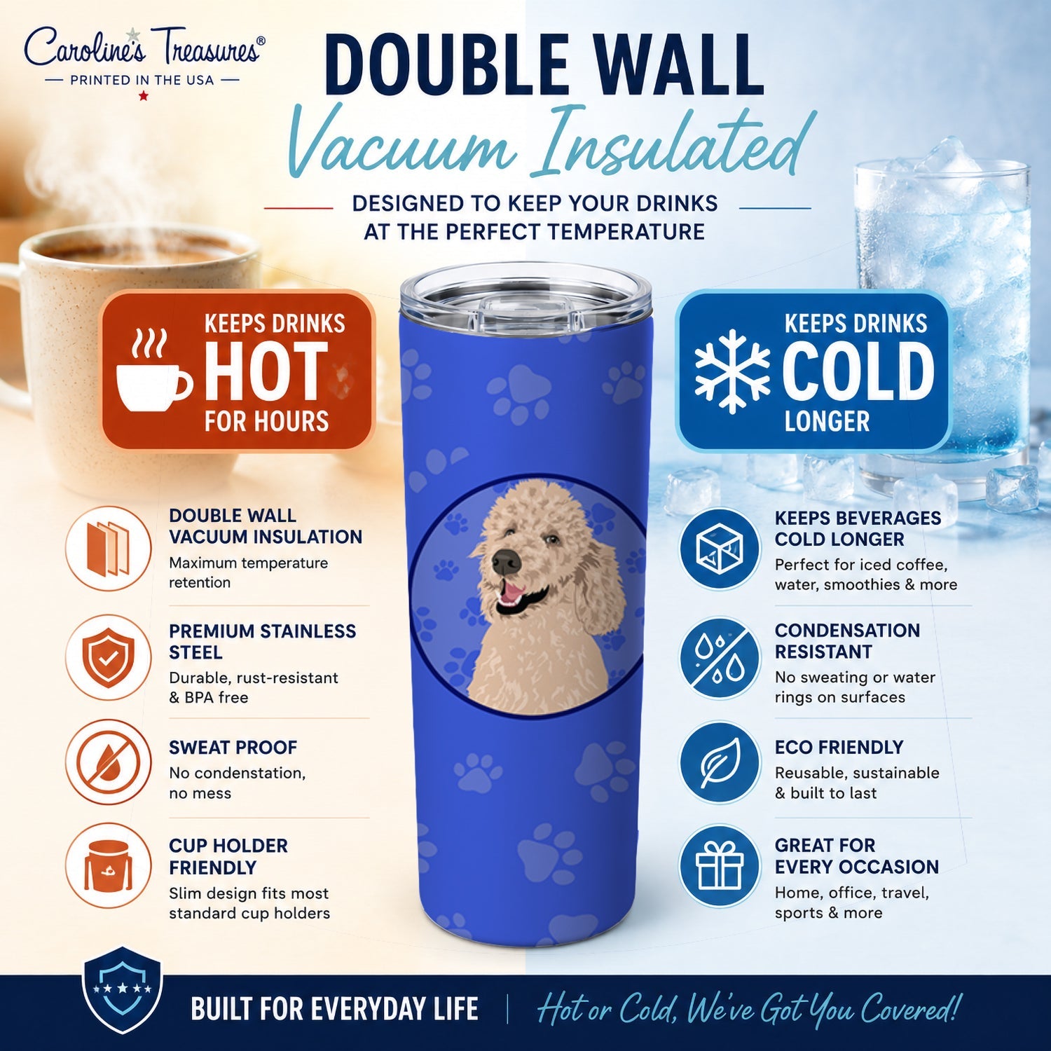 Poodle Standard Cafe Au Lait  Stainless Steel Skinny Tumbler 20 oz Vacuum Double Walled Reusable Insulated Travel Cup