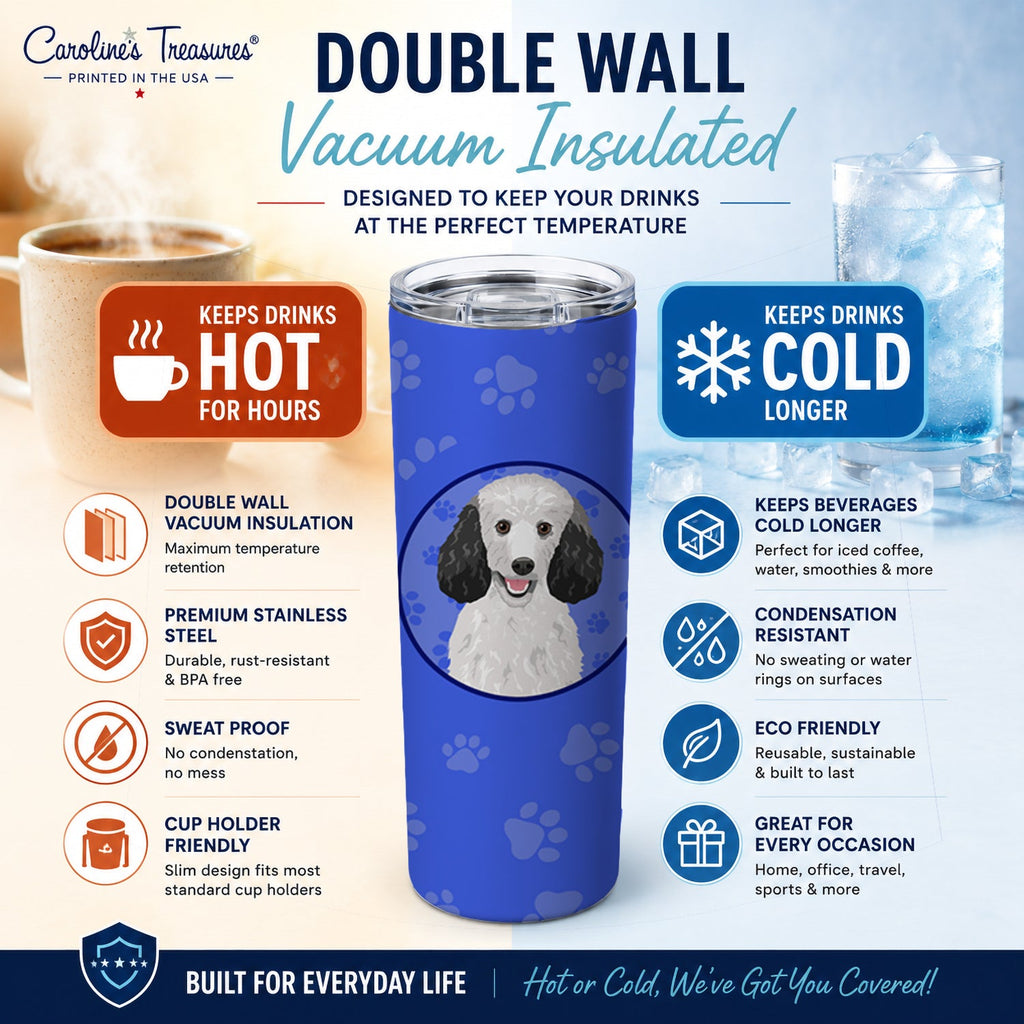 Poodle Standard Silver  Stainless Steel Skinny Tumbler 20 oz Vacuum Double Walled Reusable Insulated Travel Cup