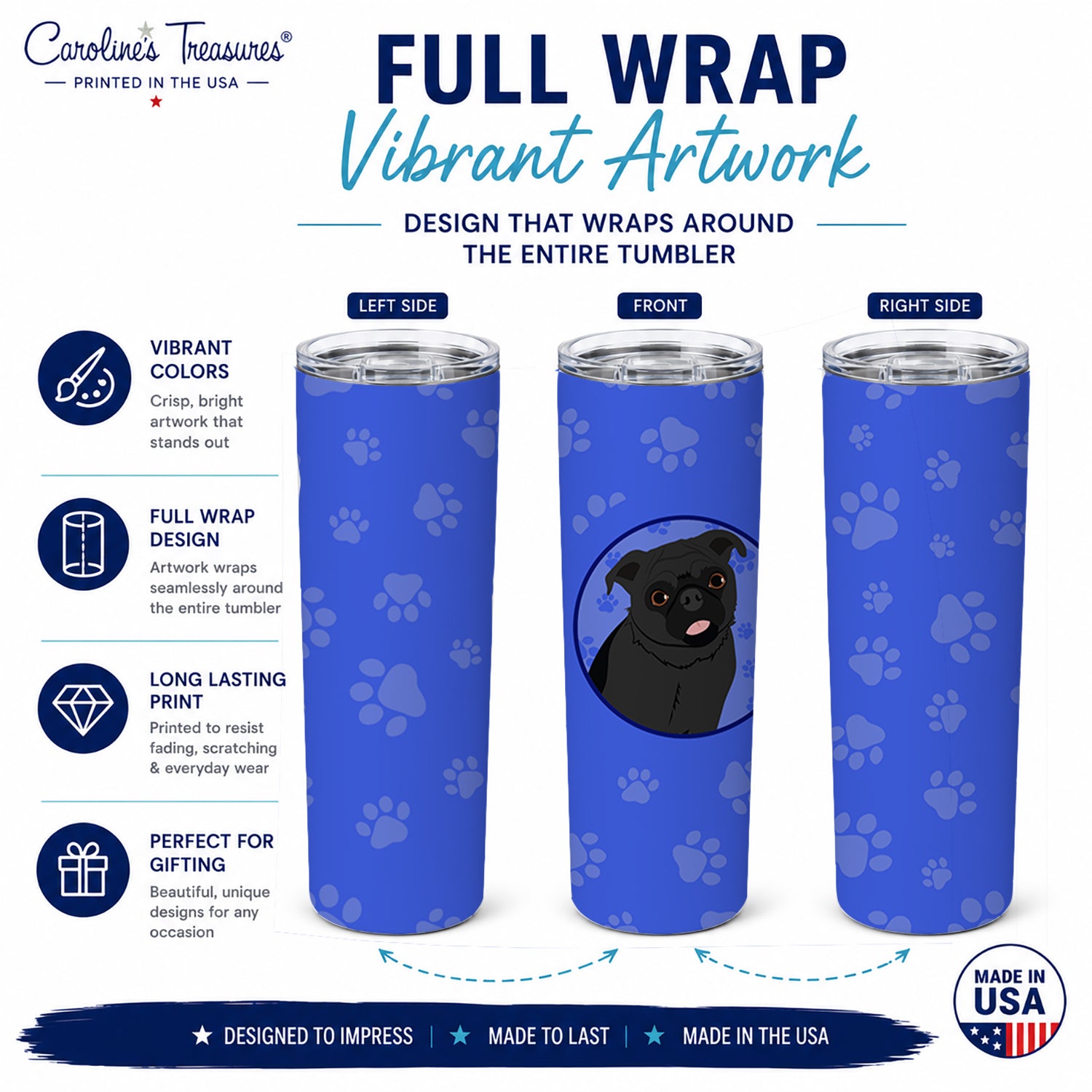 Pug Black #1  Stainless Steel Skinny Tumbler 20 oz Vacuum Double Walled Reusable Insulated Travel Cup