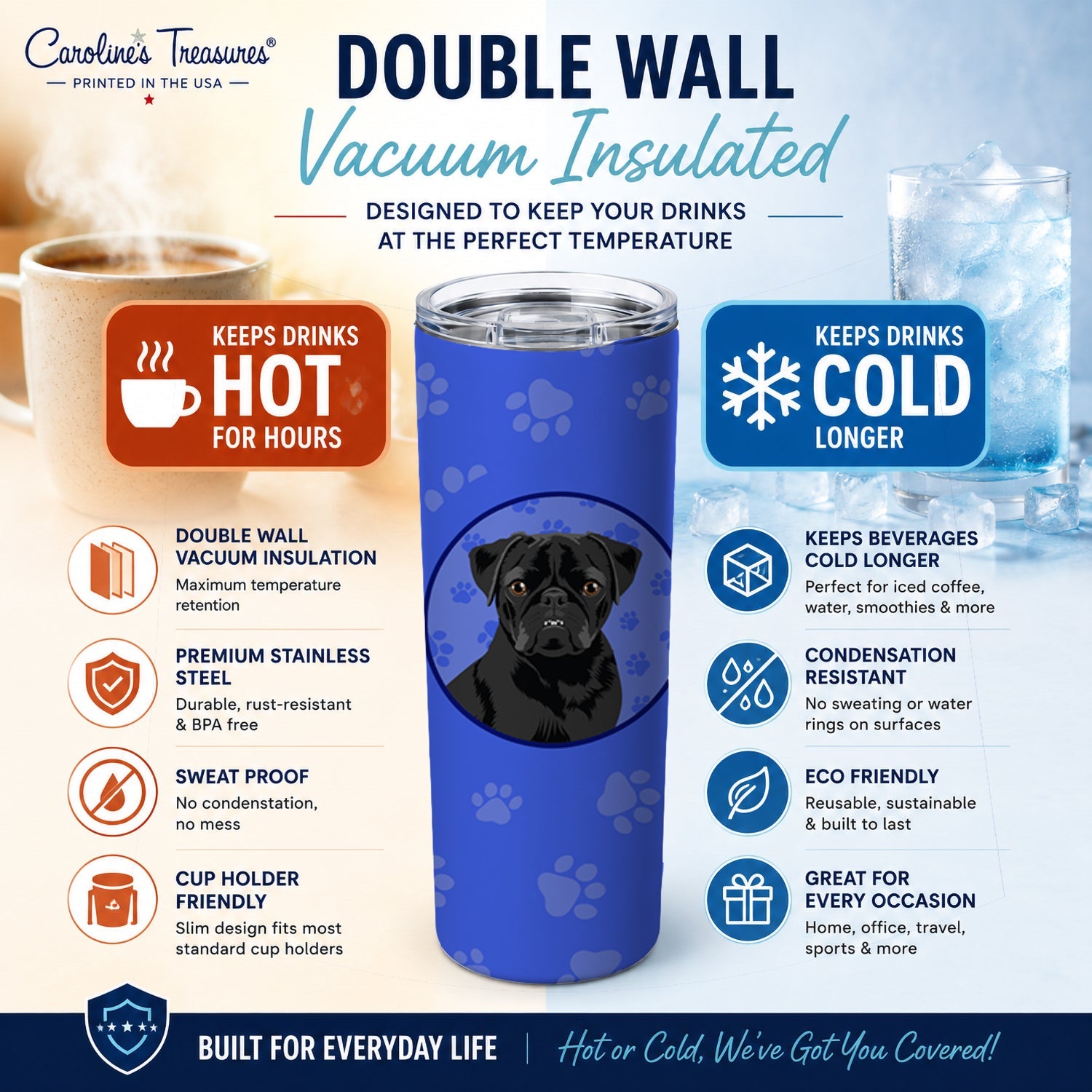 Pug Black #2  Stainless Steel Skinny Tumbler 20 oz Vacuum Double Walled Reusable Insulated Travel Cup