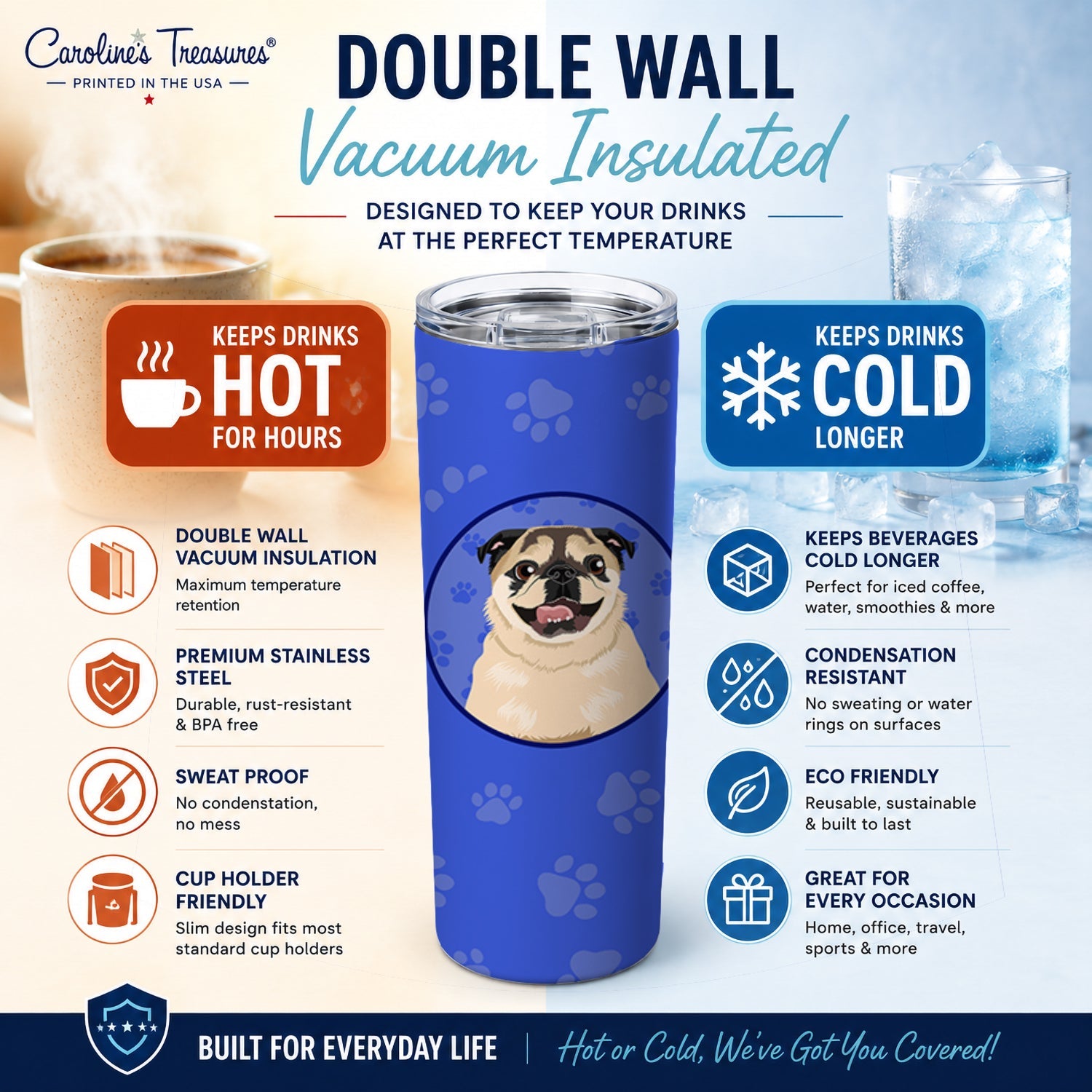 Pug Fawn #5  Stainless Steel Skinny Tumbler 20 oz Vacuum Double Walled Reusable Insulated Travel Cup