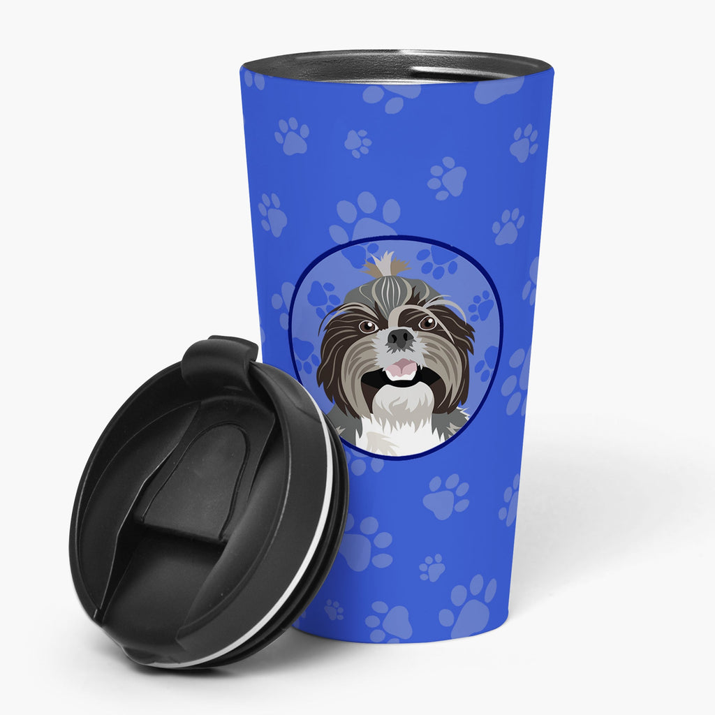 Shih-Tzu Silver and White #2  Stainless Steel 16 oz  Tumbler Blue Insulated Tumbler with Lid, Cute Travel Cup for Coffee, Cocktails, Gift Men, Dad, Women, Mother