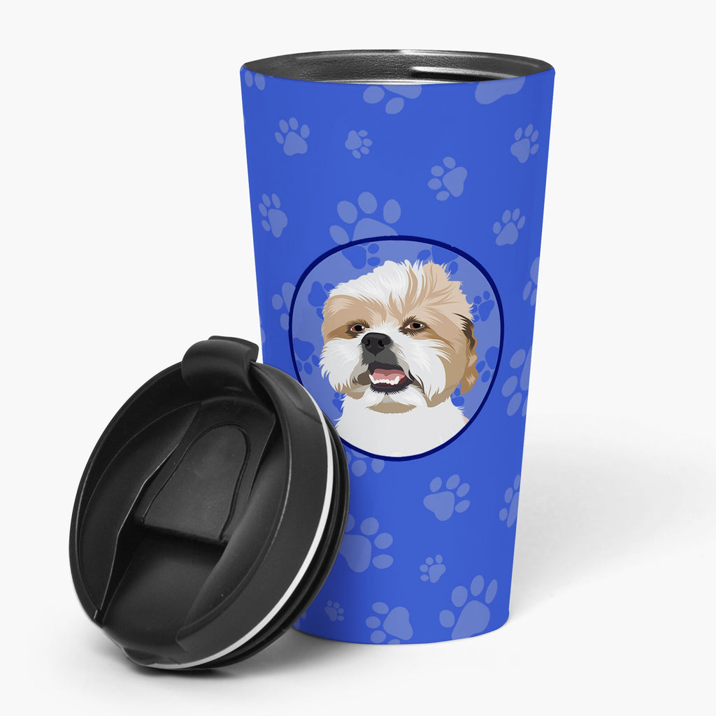 Shih-Tzu Silver Gold and White  Stainless Steel 16 oz  Tumbler Blue Insulated Tumbler with Lid, Cute Travel Cup for Coffee, Cocktails, Gift Men, Dad, Women, Mother