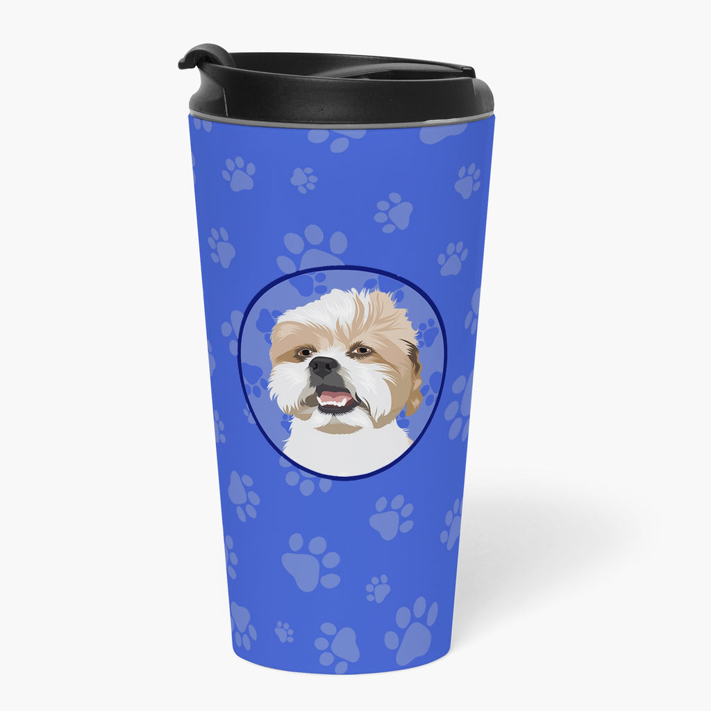 Shih-Tzu Silver Gold and White  Stainless Steel 16 oz  Tumbler Blue Insulated Tumbler with Lid, Cute Travel Cup for Coffee, Cocktails, Gift Men, Dad, Women, Mother