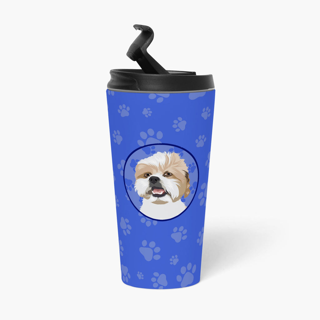 Shih-Tzu Silver Gold and White  Stainless Steel 16 oz  Tumbler Blue Insulated Tumbler with Lid, Cute Travel Cup for Coffee, Cocktails, Gift Men, Dad, Women, Mother