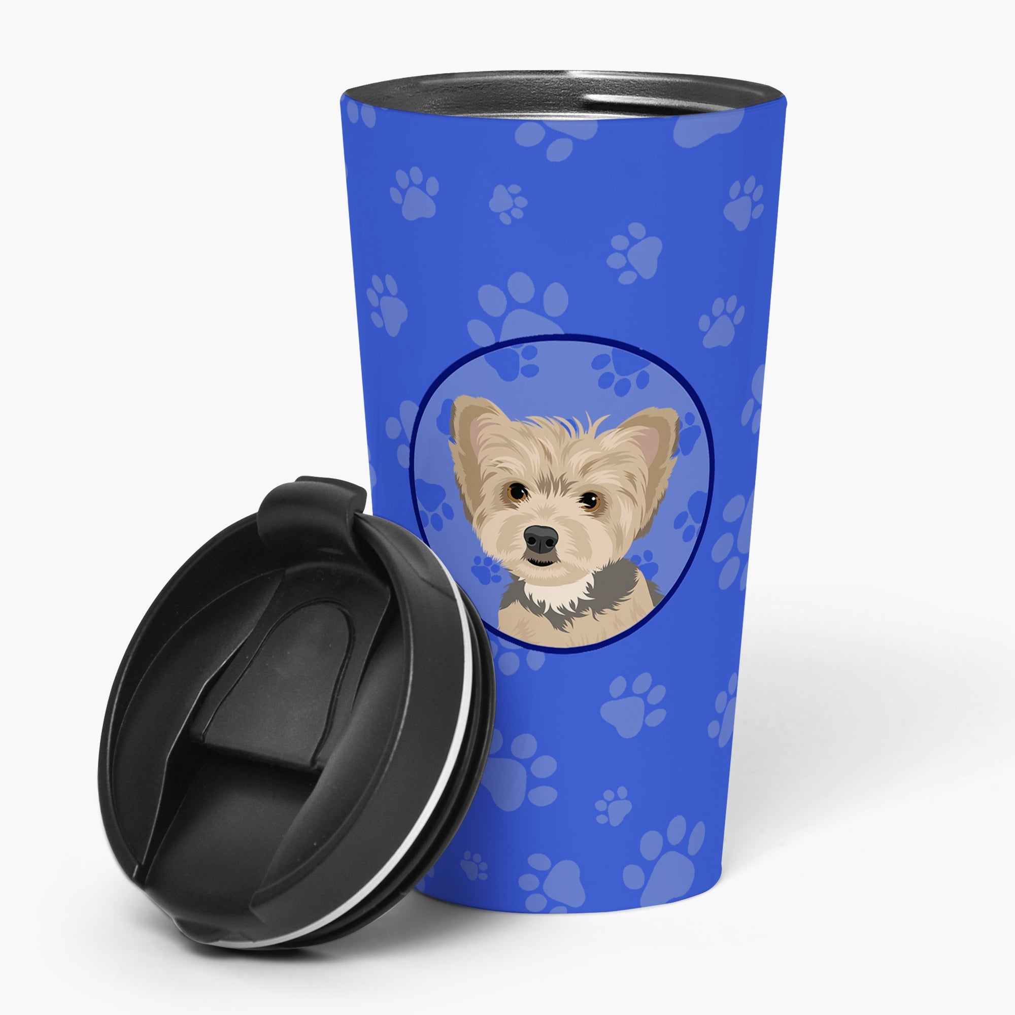 Yorkie Blue and Tan Puppy  Stainless Steel 16 oz  Tumbler Blue Insulated Tumbler with Lid, Cute Travel Cup for Coffee, Cocktails, Gift Men, Dad, Women, Mother