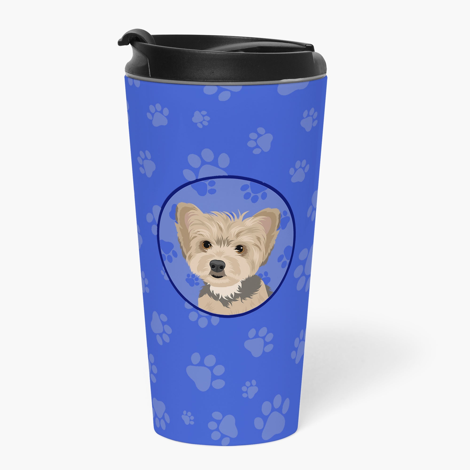 Yorkie Blue and Tan Puppy  Stainless Steel 16 oz  Tumbler Blue Insulated Tumbler with Lid, Cute Travel Cup for Coffee, Cocktails, Gift Men, Dad, Women, Mother