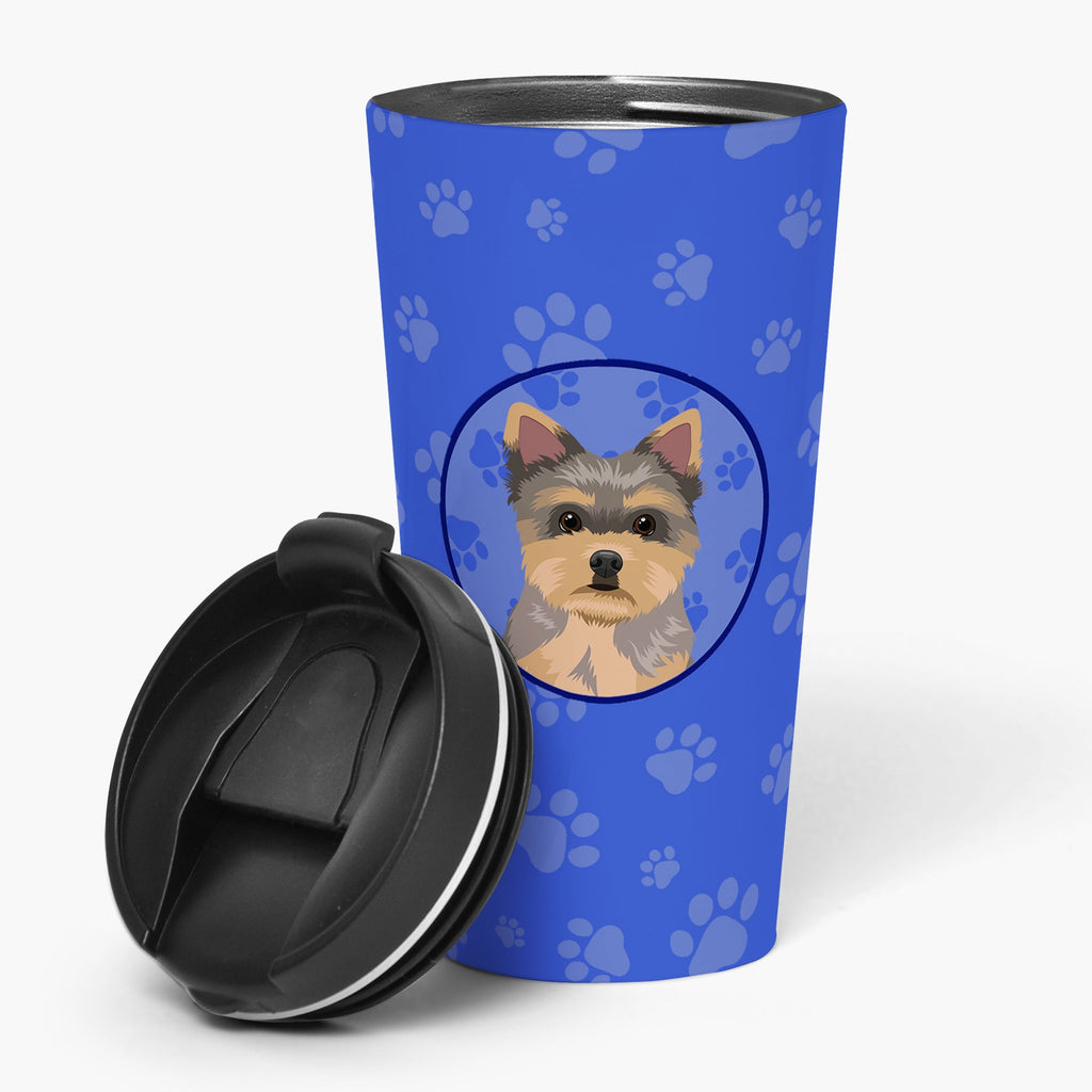 Yorkie Chocolate Puppy  Stainless Steel 16 oz  Tumbler Blue Insulated Tumbler with Lid, Cute Travel Cup for Coffee, Cocktails, Gift Men, Dad, Women, Mother