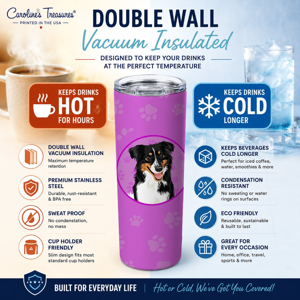Australian Shepherd Black Tricolor #3 Stainless Steel Skinny Tumbler 20 oz Vacuum Double Walled Reusable Insulated Travel Cup