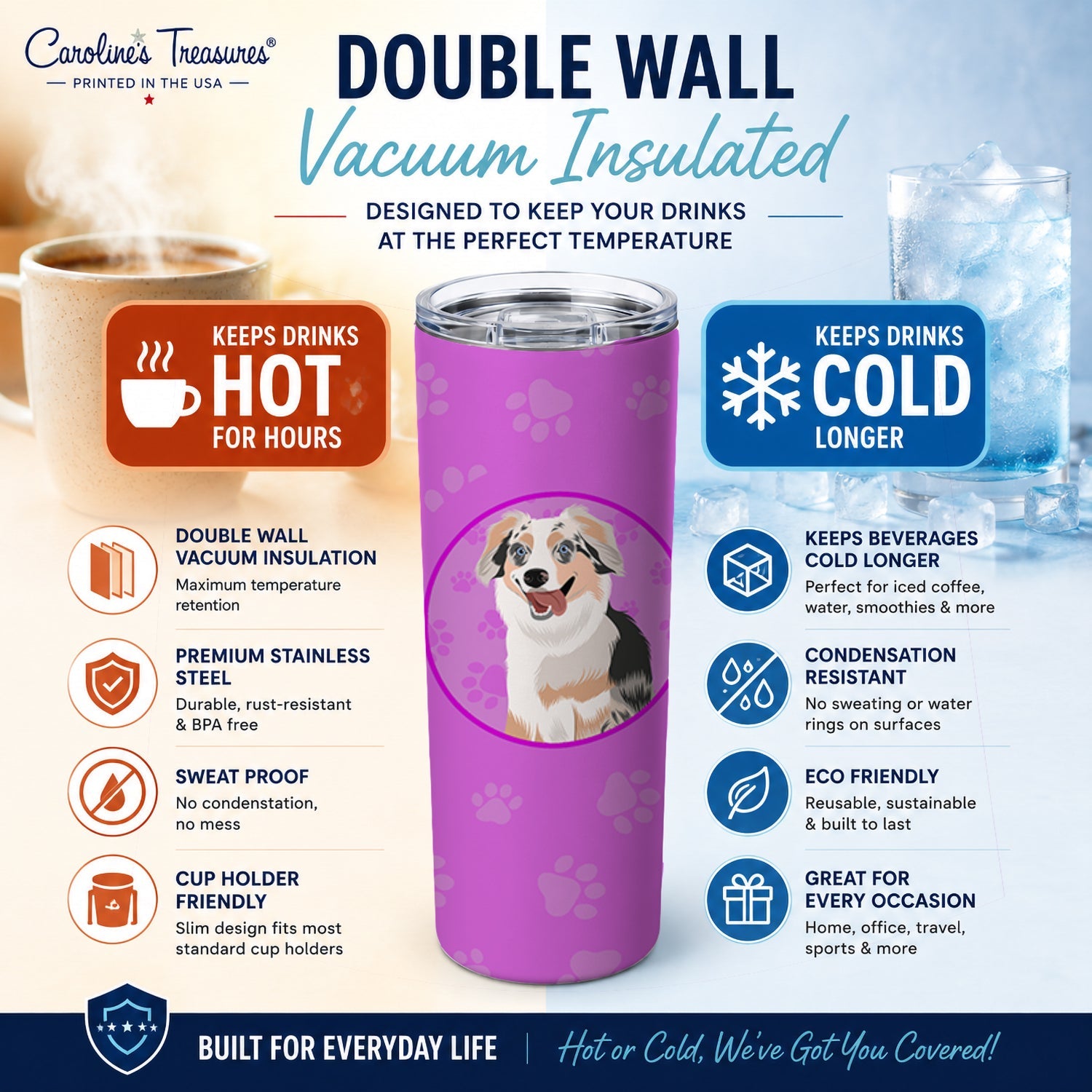 Australian Shepherd Blue Merle Puppy #1 Stainless Steel Skinny Tumbler 20 oz Vacuum Double Walled Reusable Insulated Travel Cup