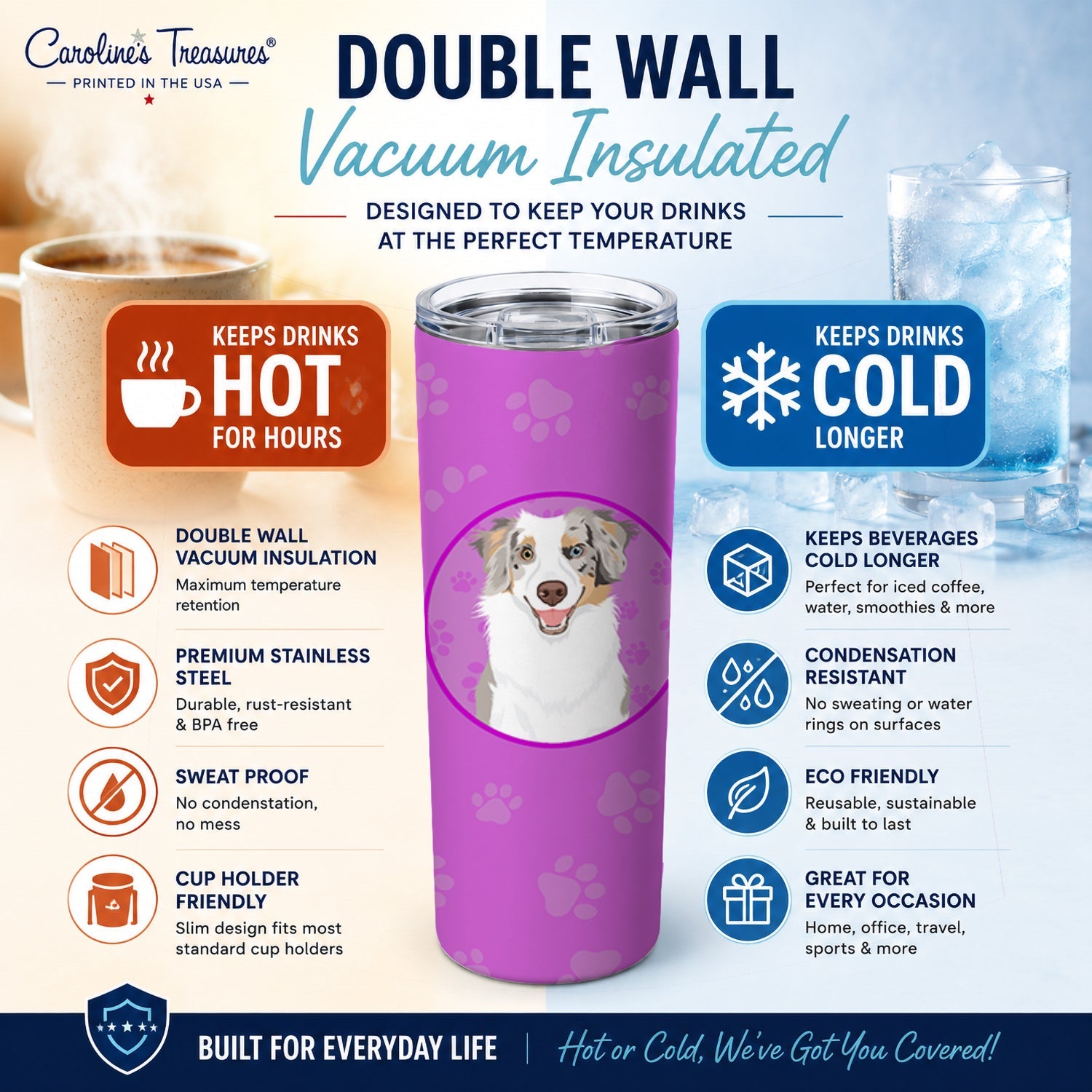 Australian Shepherd Red Merle Tricolor #1 Stainless Steel Skinny Tumbler 20 oz Vacuum Double Walled Reusable Insulated Travel Cup