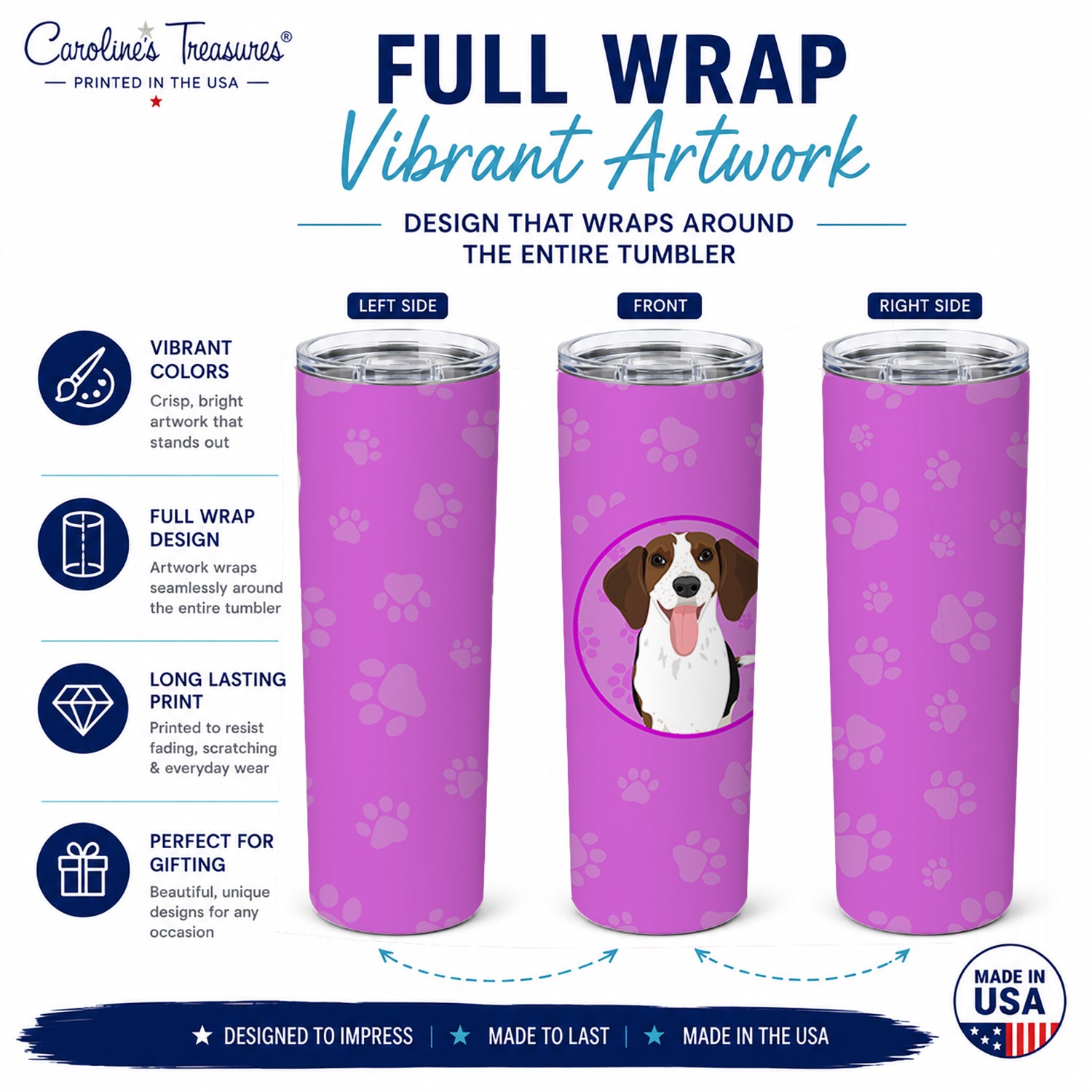 Beagle Tricolor Red Ticked #3 Stainless Steel Skinny Tumbler 20 oz Vacuum Double Walled Reusable Insulated Travel Cup
