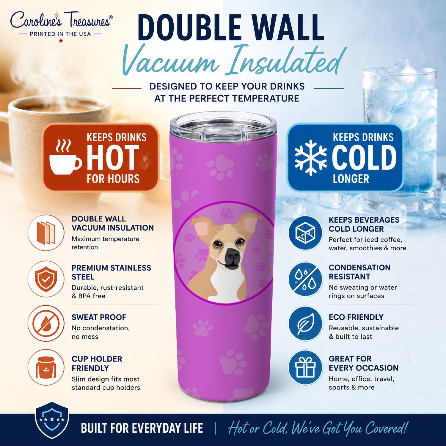 Chihuahua Gold and White Stainless Steel Skinny Tumbler 20 oz Vacuum Double Walled Reusable Insulated Travel Cup