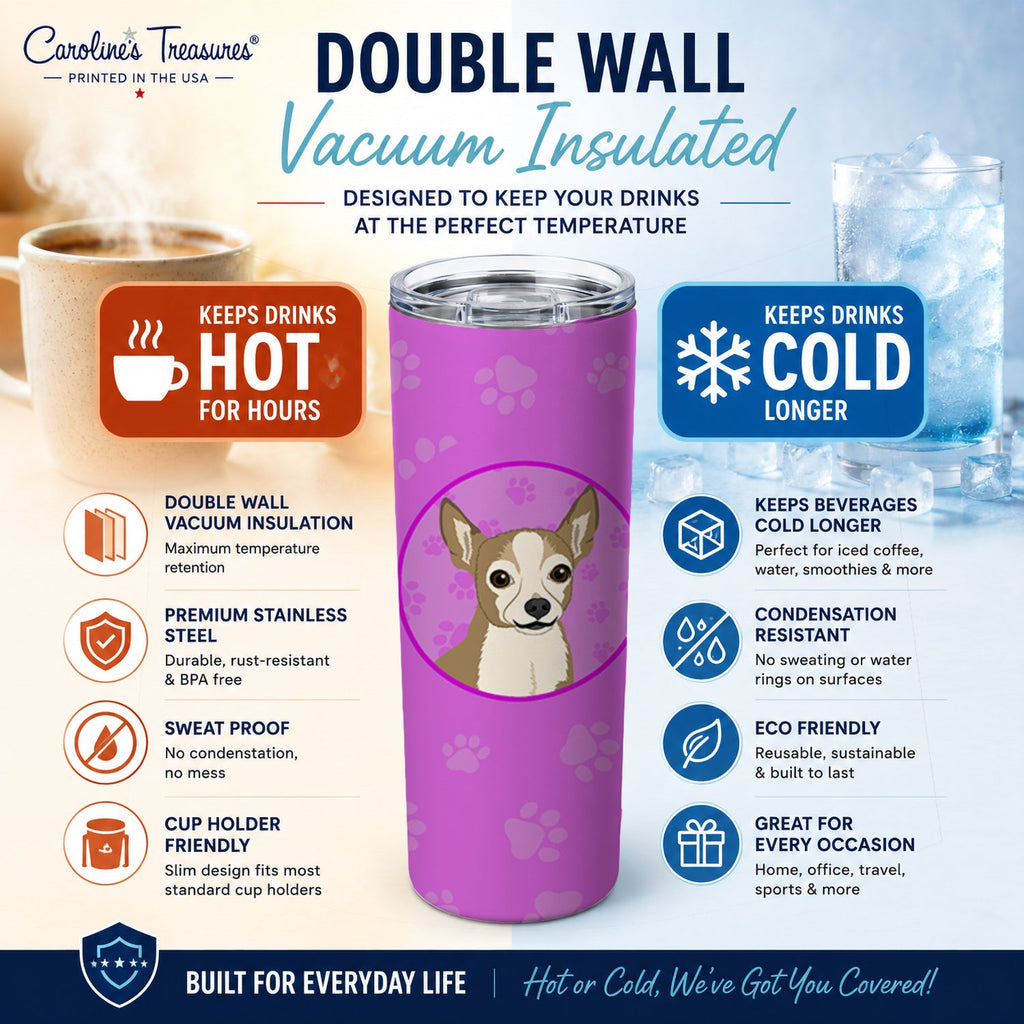 Chihuahua Silver and Tan Stainless Steel Skinny Tumbler 20 oz Vacuum Double Walled Reusable Insulated Travel Cup