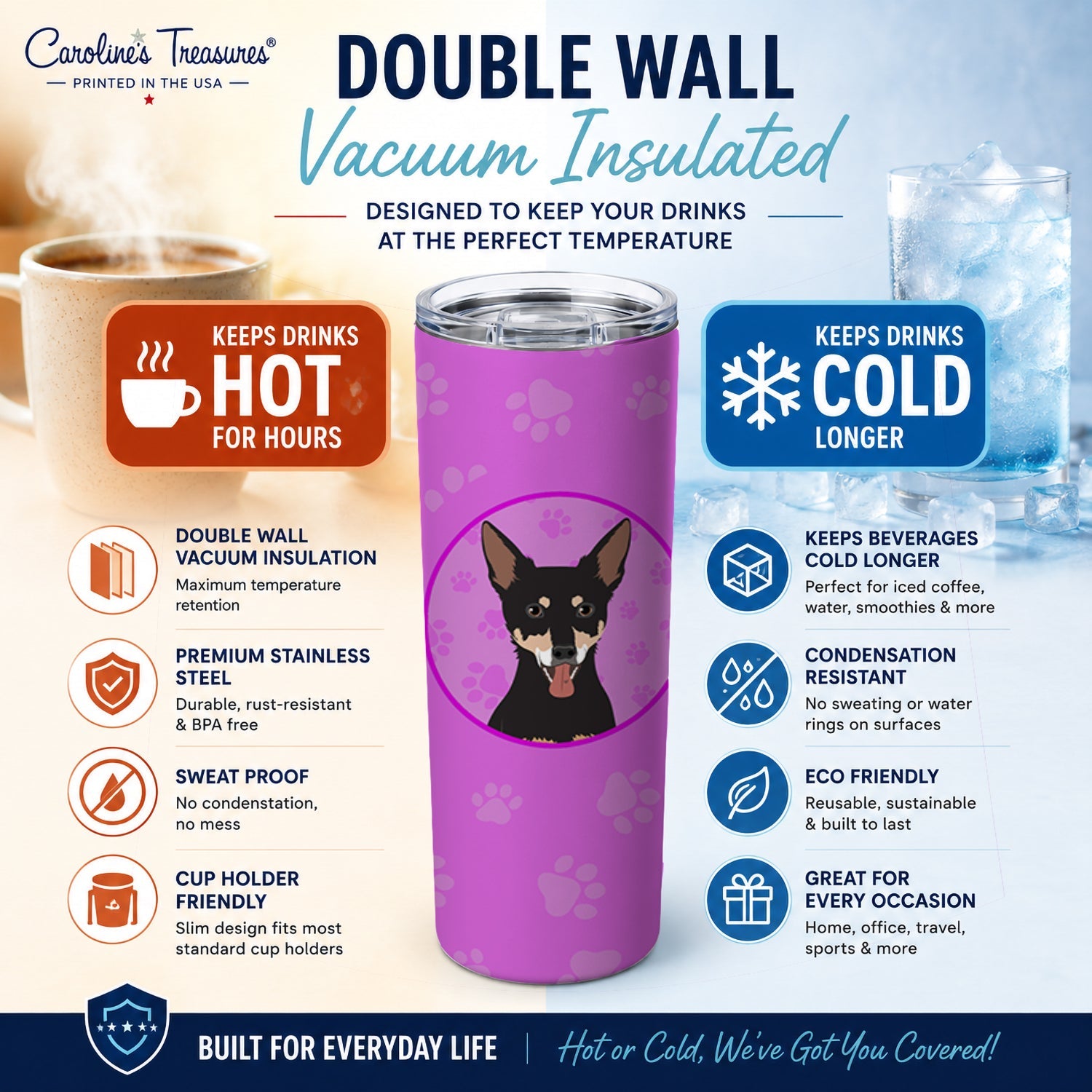 Chihuahua Tricolor #1 Stainless Steel Skinny Tumbler 20 oz Vacuum Double Walled Reusable Insulated Travel Cup