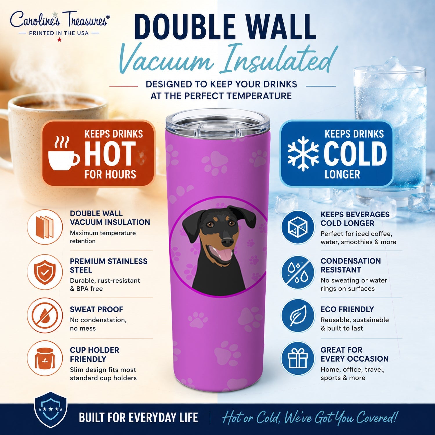 Doberman Pinscher Black and Rust Natural Ears #1 Stainless Steel Skinny Tumbler 20 oz Vacuum Double Walled Reusable Insulated Travel Cup