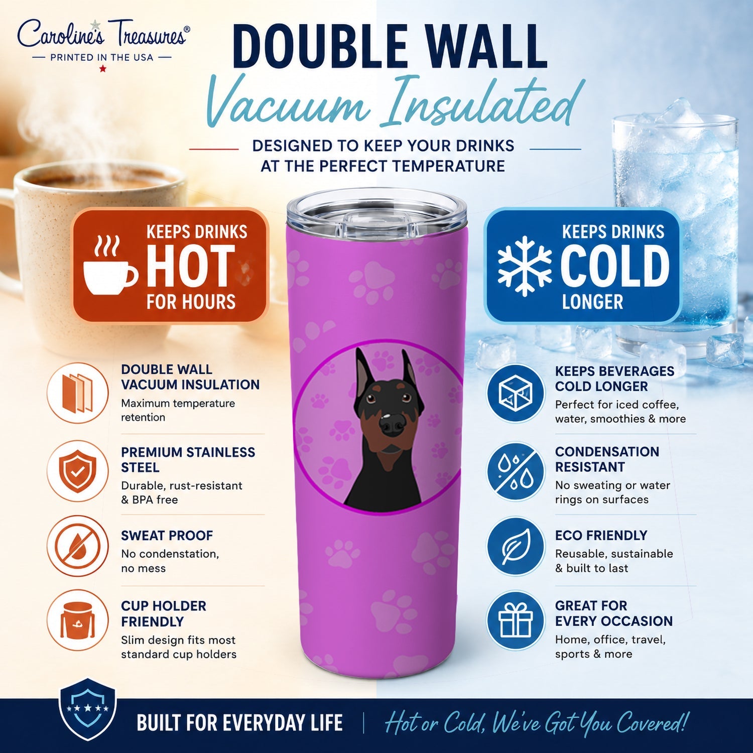 Doberman Pinscher Black Cropped Ears Stainless Steel Skinny Tumbler 20 oz Vacuum Double Walled Reusable Insulated Travel Cup