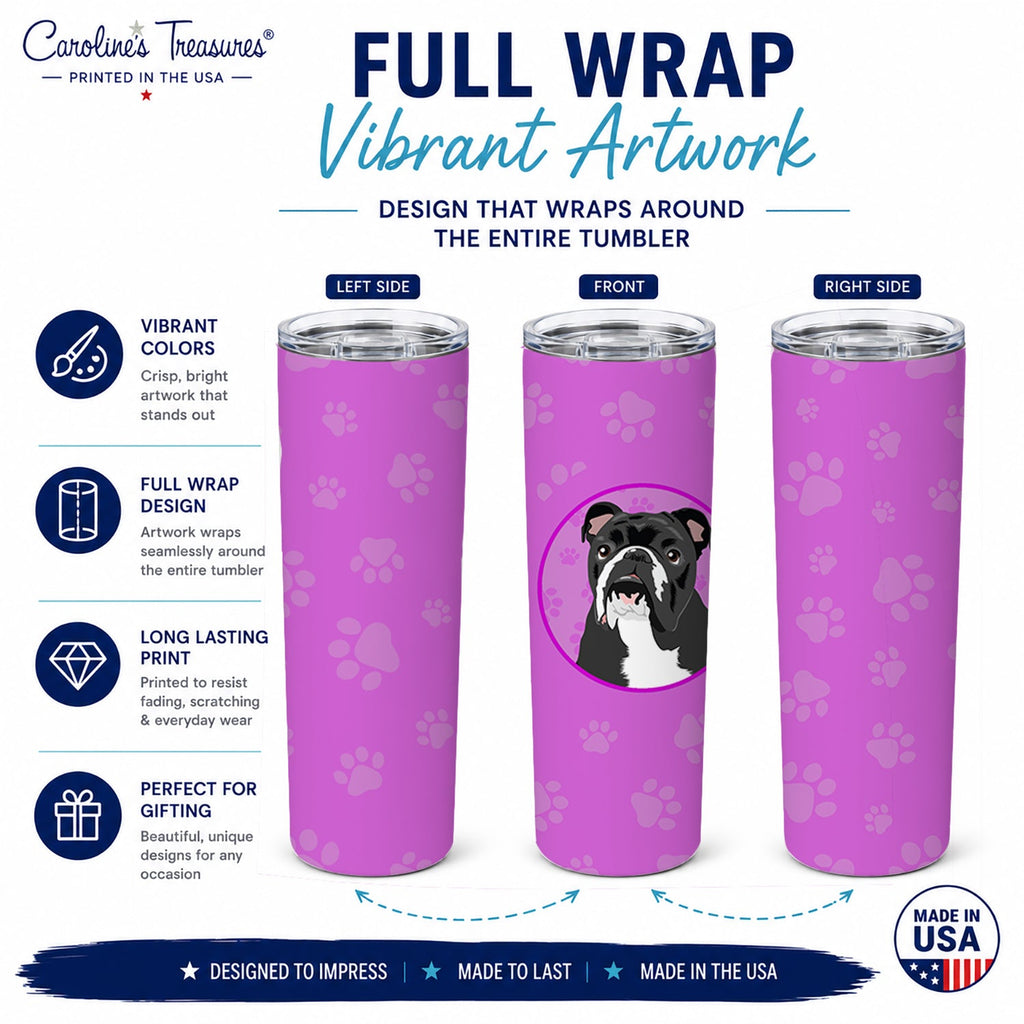 English Bulldog Black and White Stainless Steel Skinny Tumbler 20 oz Vacuum Double Walled Reusable Insulated Travel Cup