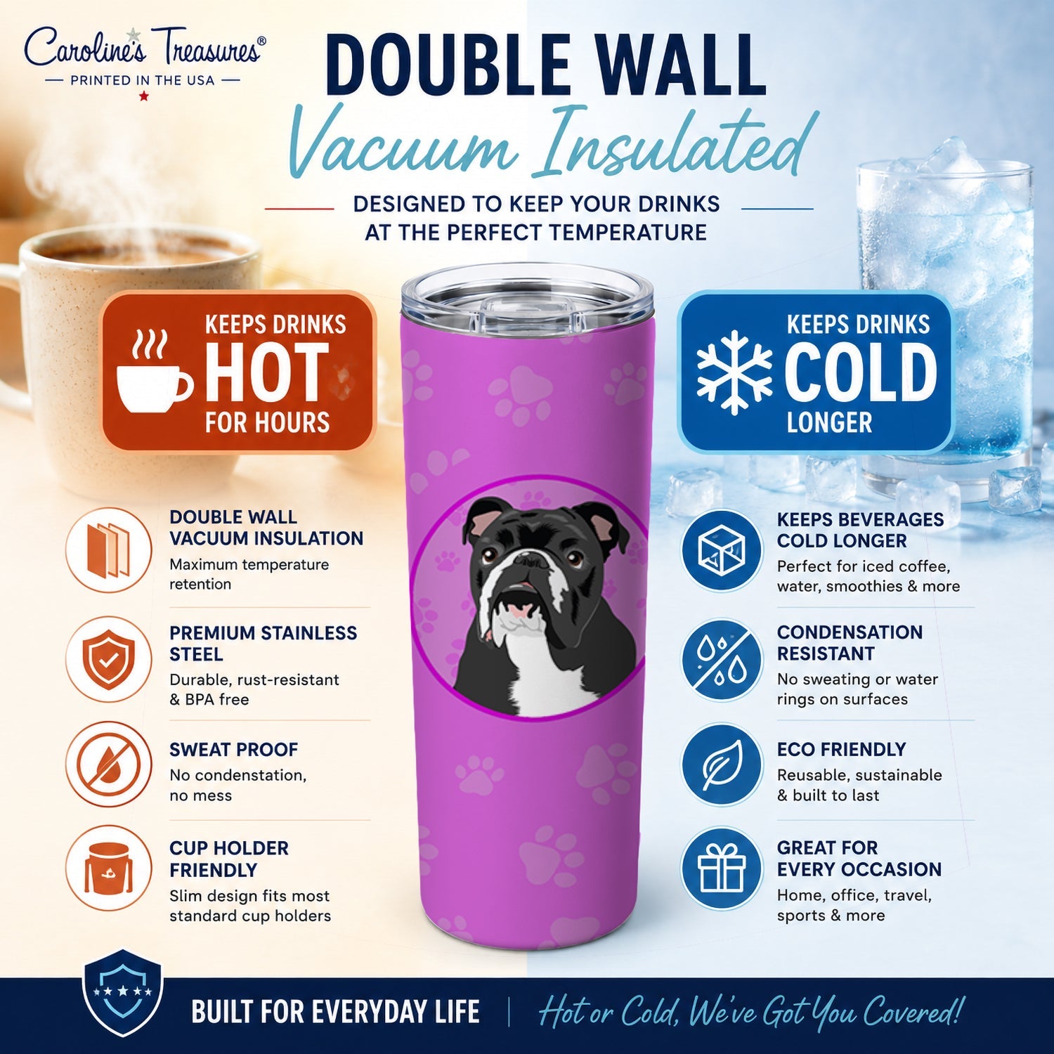 English Bulldog Black and White Stainless Steel Skinny Tumbler 20 oz Vacuum Double Walled Reusable Insulated Travel Cup