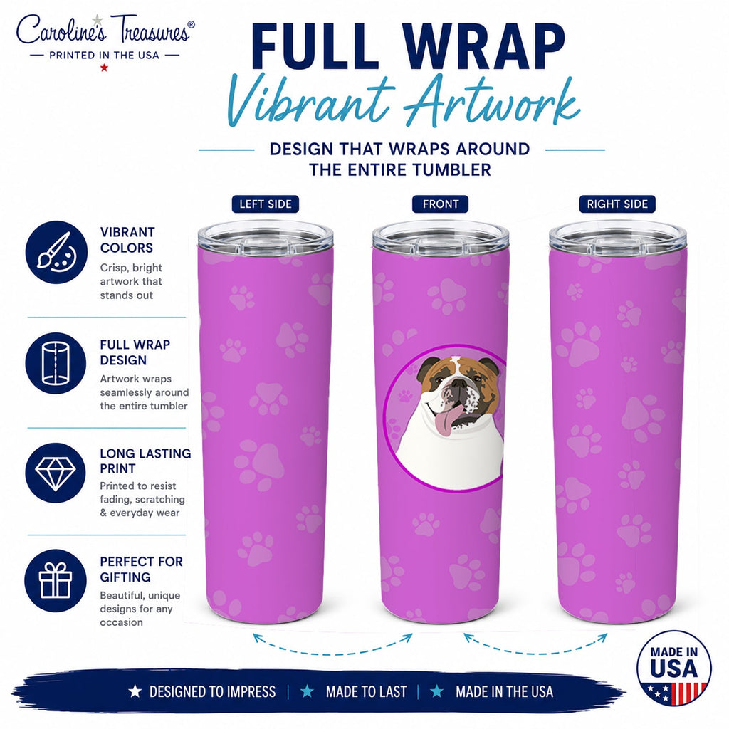 English Bulldog Tricolor #1 Stainless Steel Skinny Tumbler 20 oz Vacuum Double Walled Reusable Insulated Travel Cup
