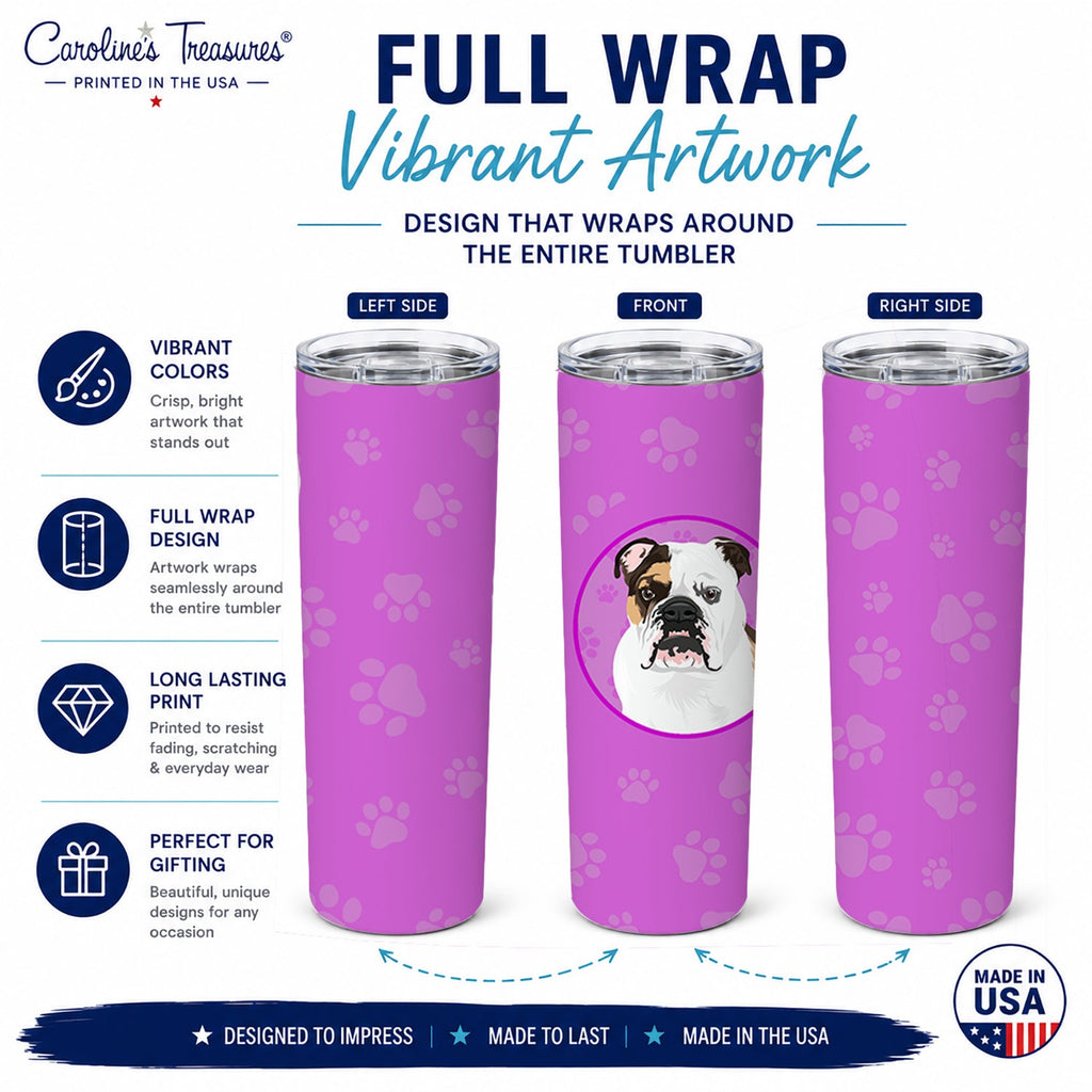 English Bulldog Tricolor #3 Stainless Steel Skinny Tumbler 20 oz Vacuum Double Walled Reusable Insulated Travel Cup
