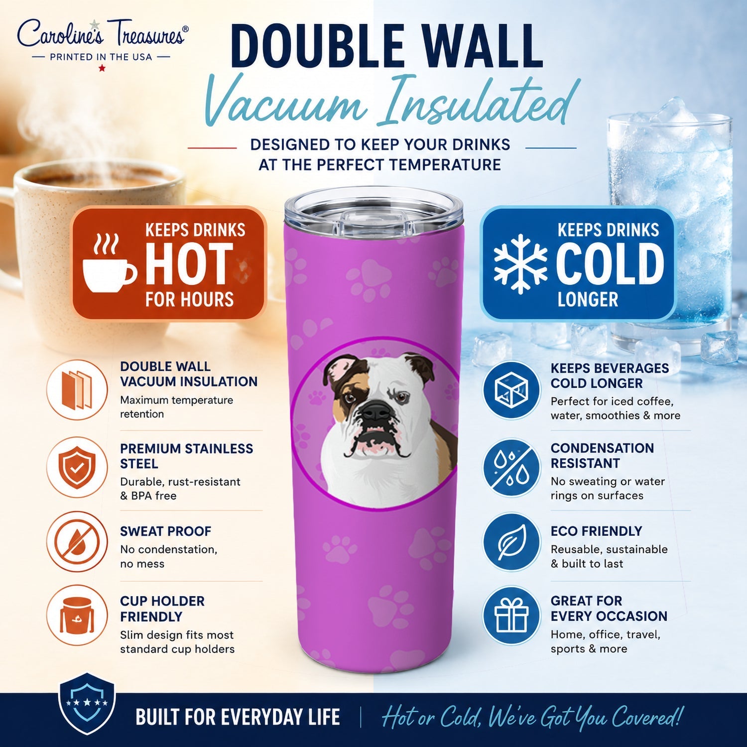 English Bulldog Tricolor #3 Stainless Steel Skinny Tumbler 20 oz Vacuum Double Walled Reusable Insulated Travel Cup