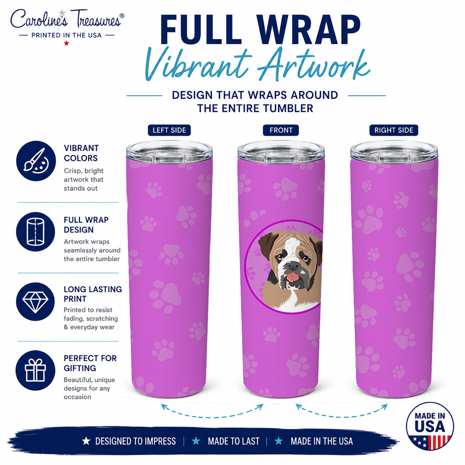 English Bulldog Tricolor #4 Stainless Steel Skinny Tumbler 20 oz Vacuum Double Walled Reusable Insulated Travel Cup