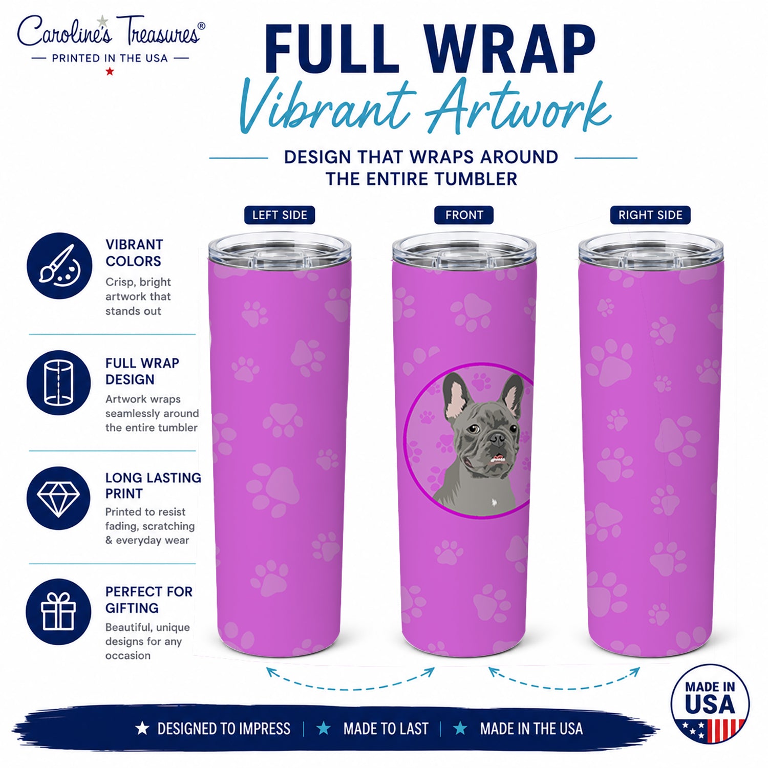 French Bulldog Blue Stainless Steel Skinny Tumbler 20 oz Vacuum Double Walled Reusable Insulated Travel Cup