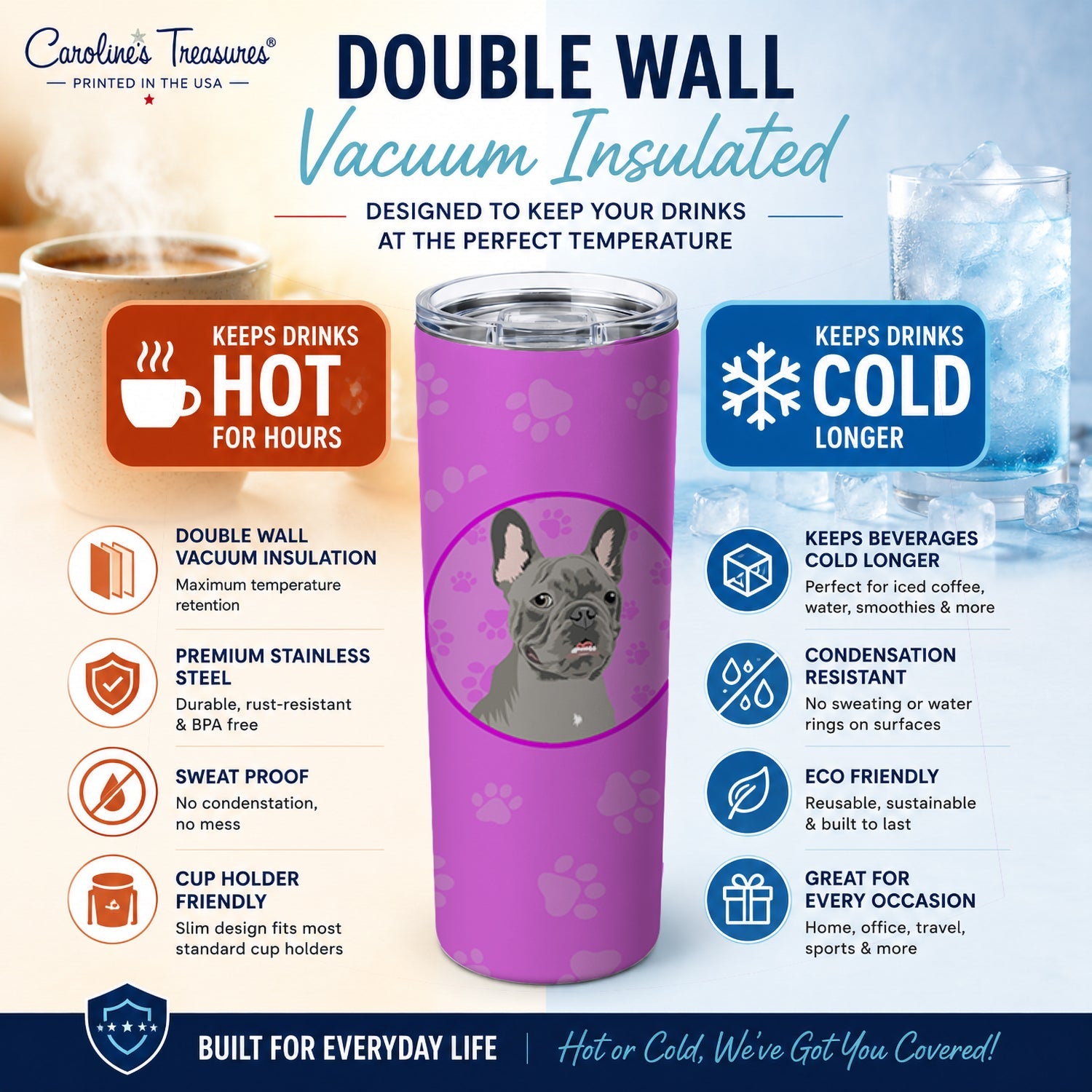 French Bulldog Blue Stainless Steel Skinny Tumbler 20 oz Vacuum Double Walled Reusable Insulated Travel Cup
