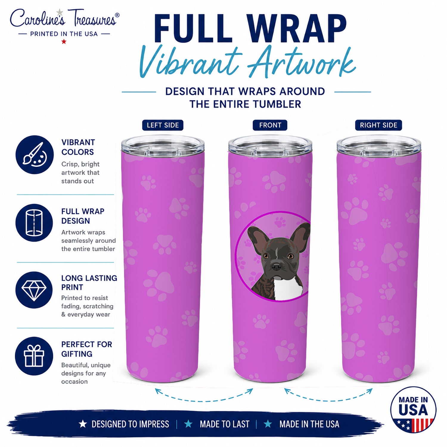 French Bulldog Brindle #2 Stainless Steel Skinny Tumbler 20 oz Vacuum Double Walled Reusable Insulated Travel Cup