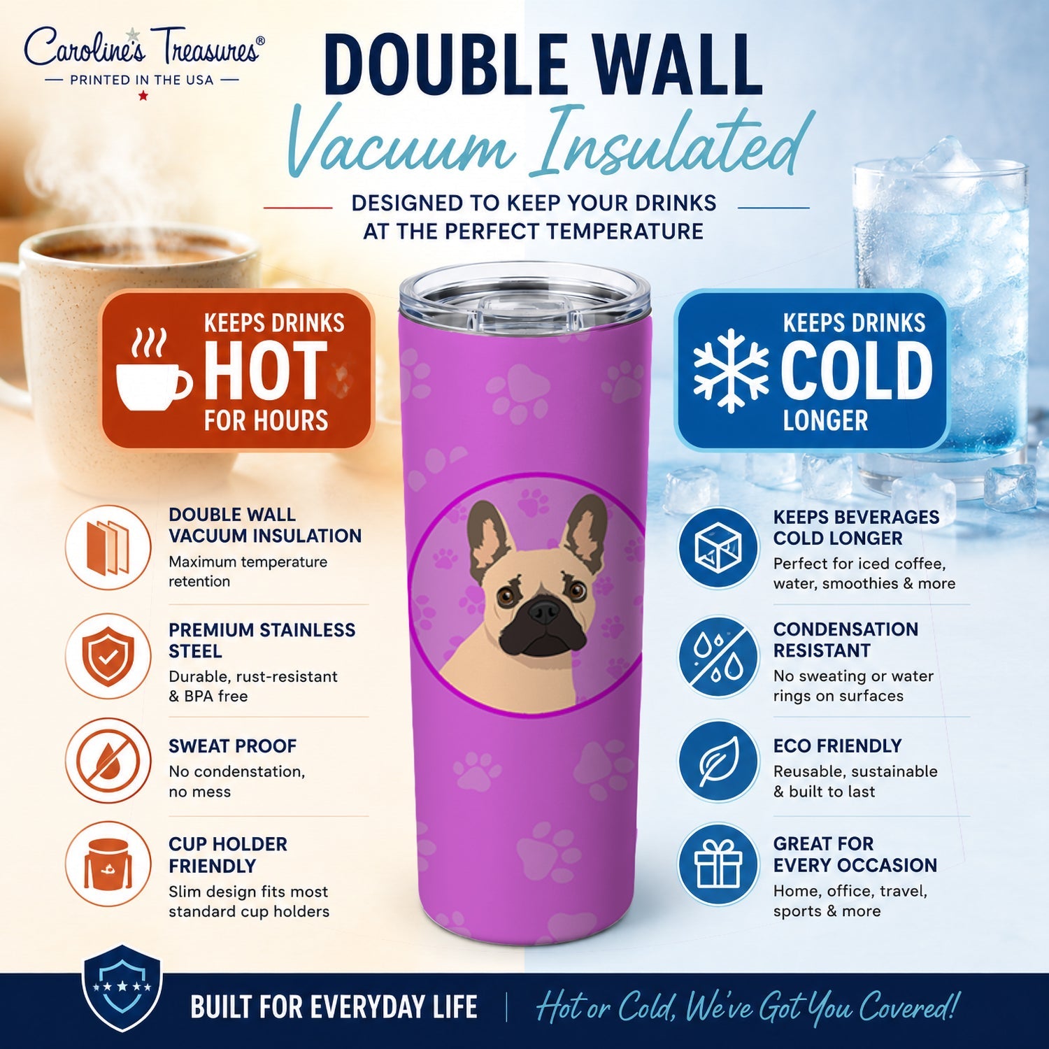 French Bulldog Fawn #1 Stainless Steel Skinny Tumbler 20 oz Vacuum Double Walled Reusable Insulated Travel Cup