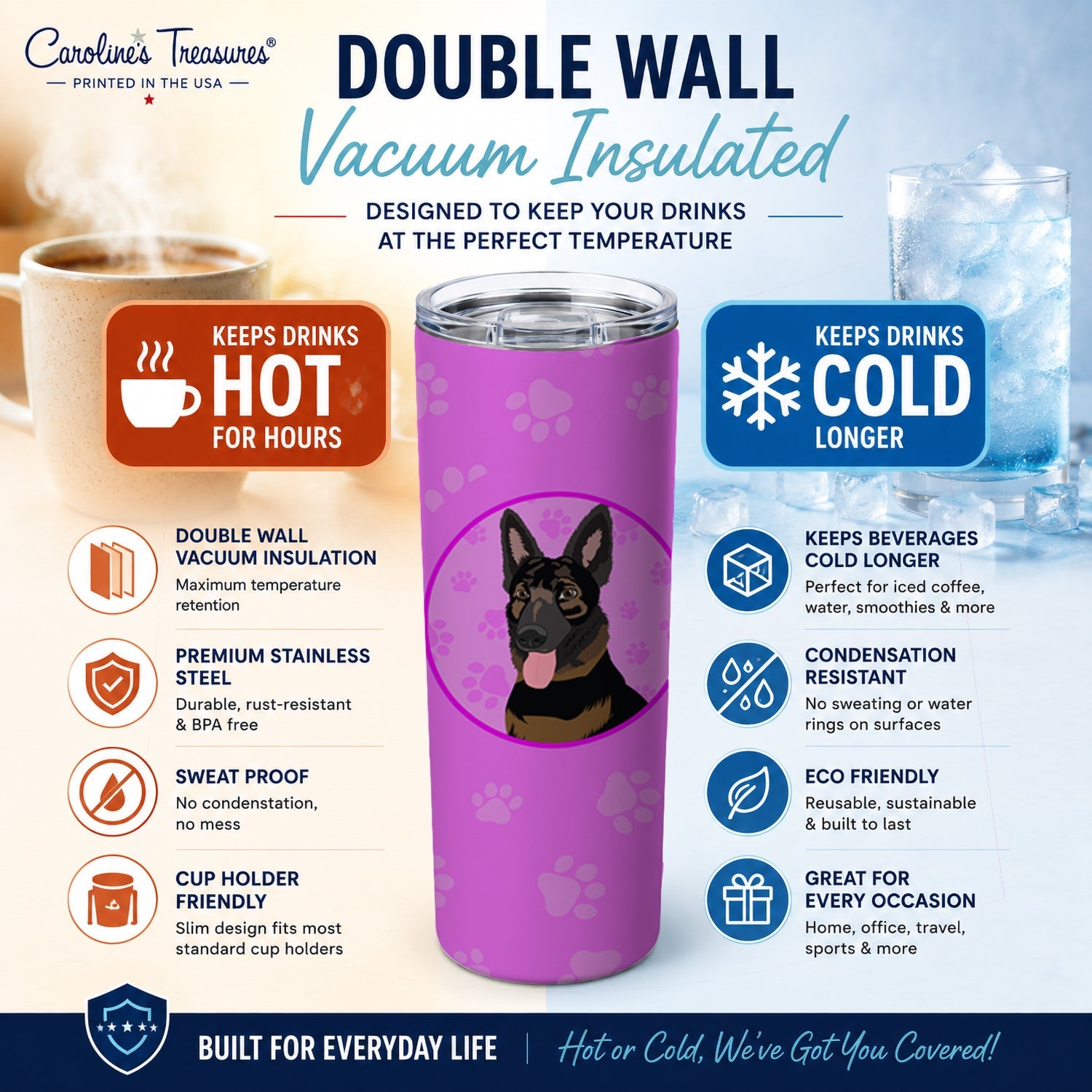 German Shepherd Bicolor Stainless Steel Skinny Tumbler 20 oz Vacuum Double Walled Reusable Insulated Travel Cup