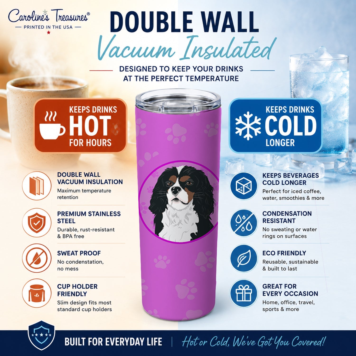Cavalier King Charles Spaniel Tricolor #1 Stainless Steel Skinny Tumbler 20 oz Vacuum Double Walled Reusable Insulated Travel Cup