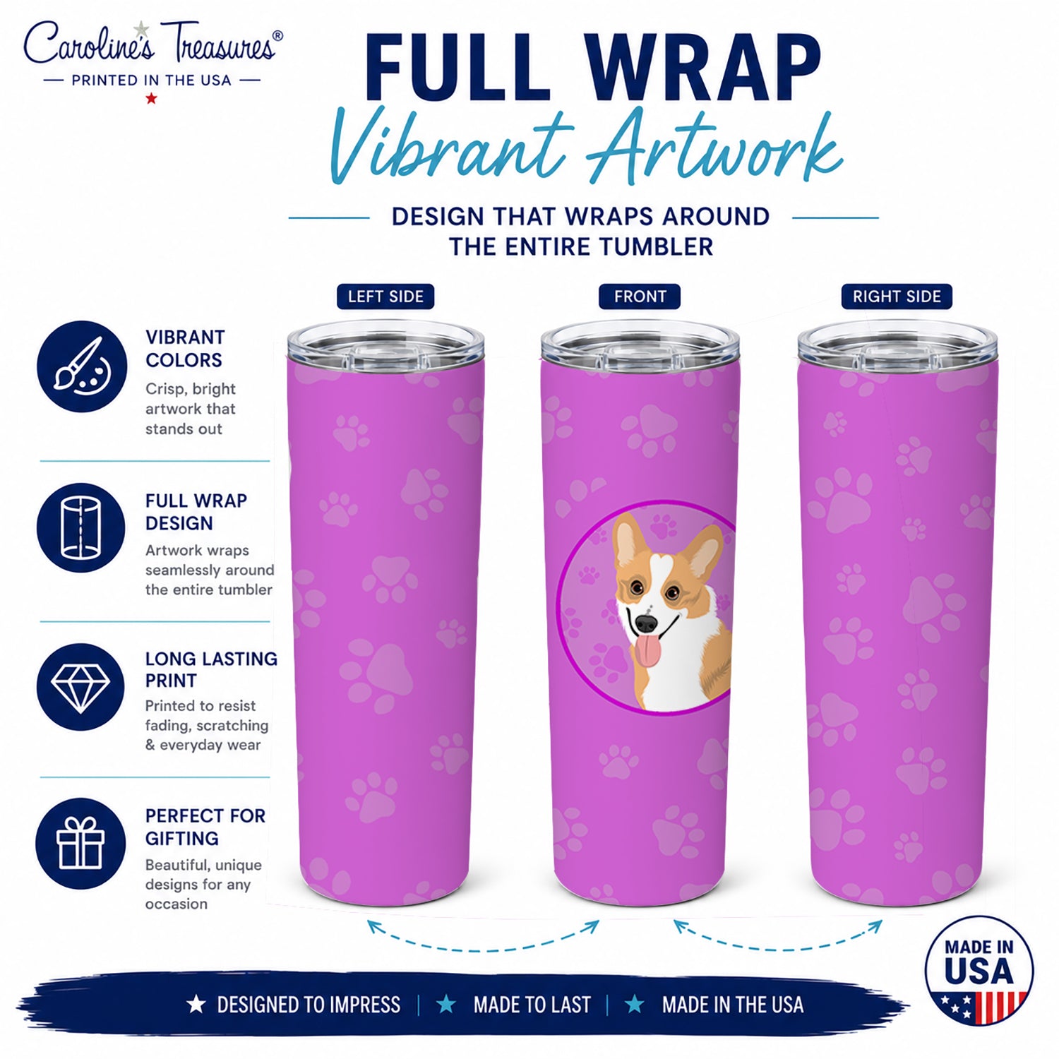 Pembroke Corgi Red and White Stainless Steel Skinny Tumbler 20 oz Vacuum Double Walled Reusable Insulated Travel Cup
