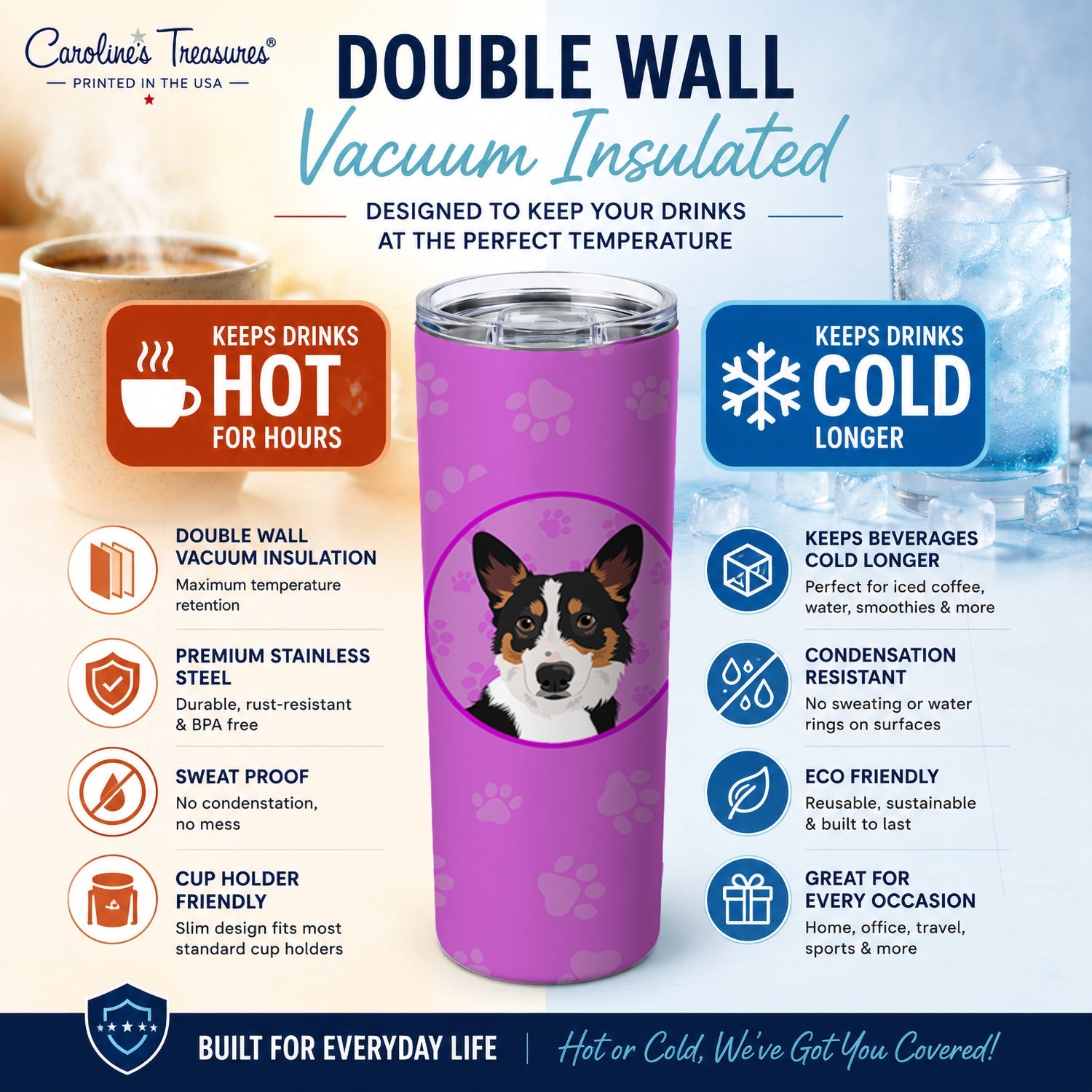 Pembroke Welsh Corgi Tricolor Black-Headed #1 Stainless Steel Skinny Tumbler 20 oz Vacuum Double Walled Reusable Insulated Travel Cup